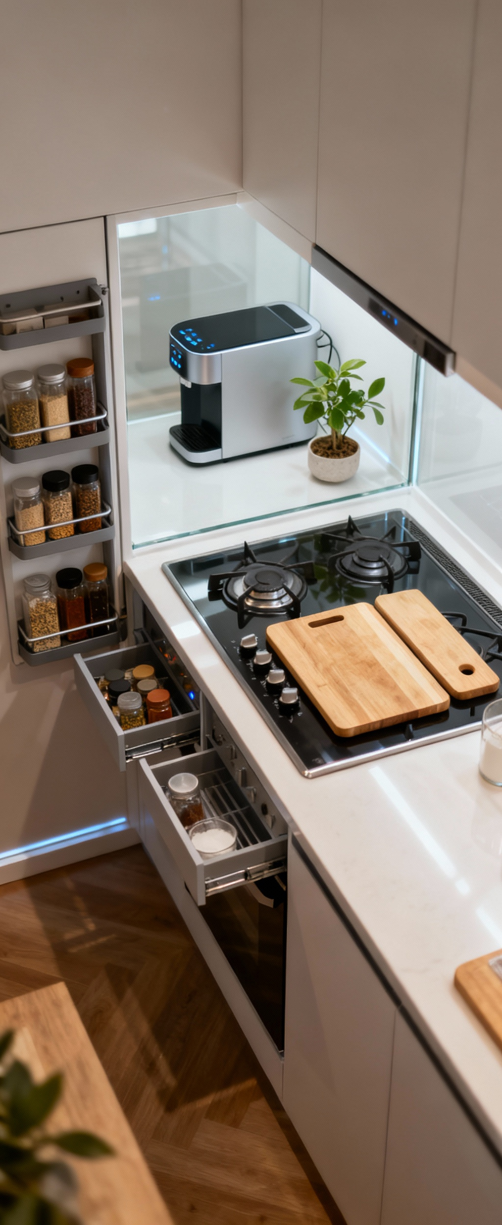 A pristine, well-organized small kitchen designed for a 'flow state', featuring streamlined countertops, integrated storage, and an ergonomic layout for efficient cooking.