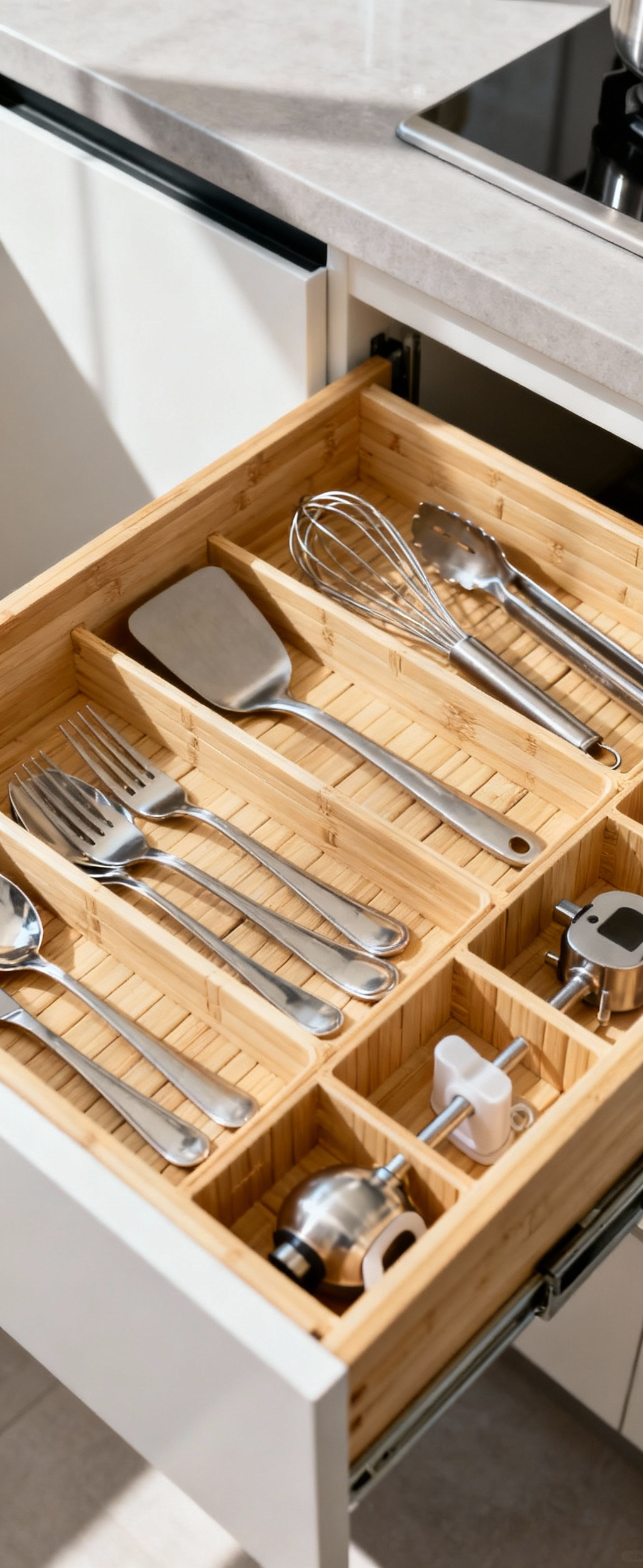 Open kitchen drawer with bamboo dividers showcasing meticulously organized flatware and cooking utensils through drawer compartmentalization.