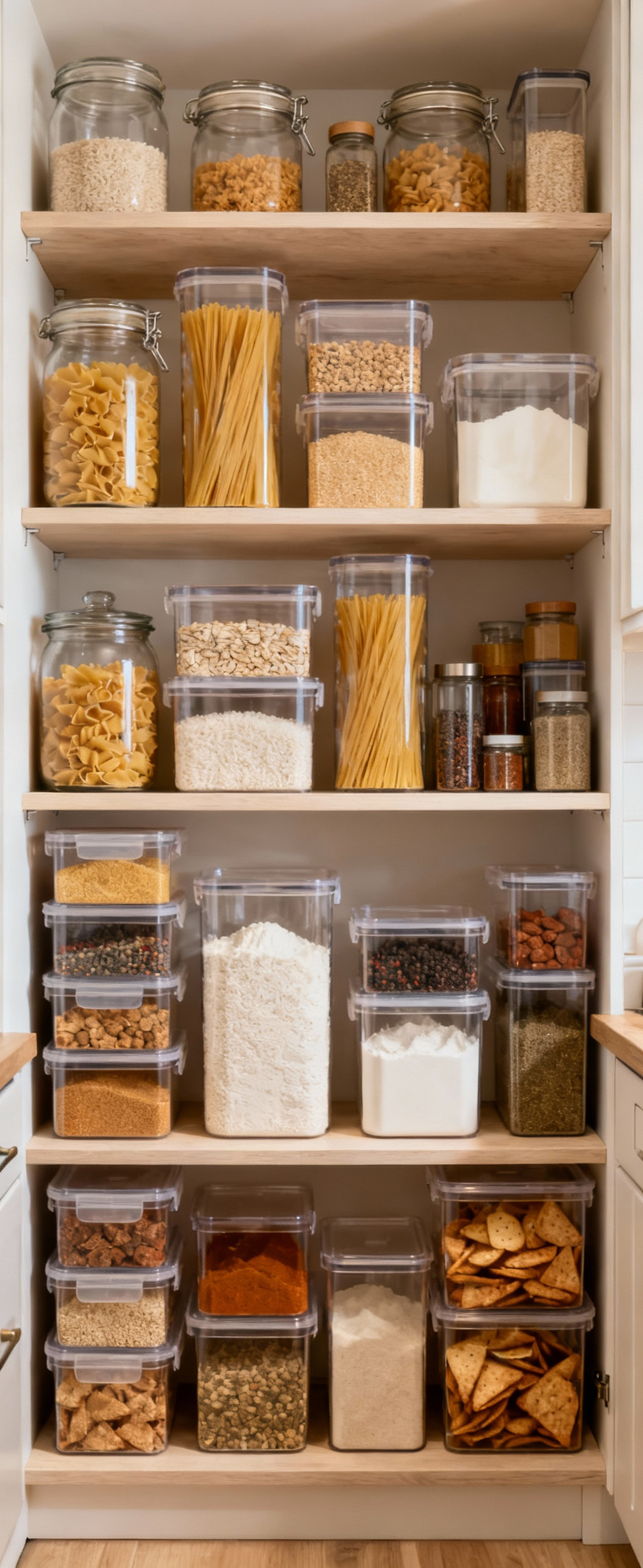 A perfectly organized small kitchen pantry featuring clear glass and acrylic containers with decanted dry goods on minimalist shelves, showcasing elegant decanting storage solutions.