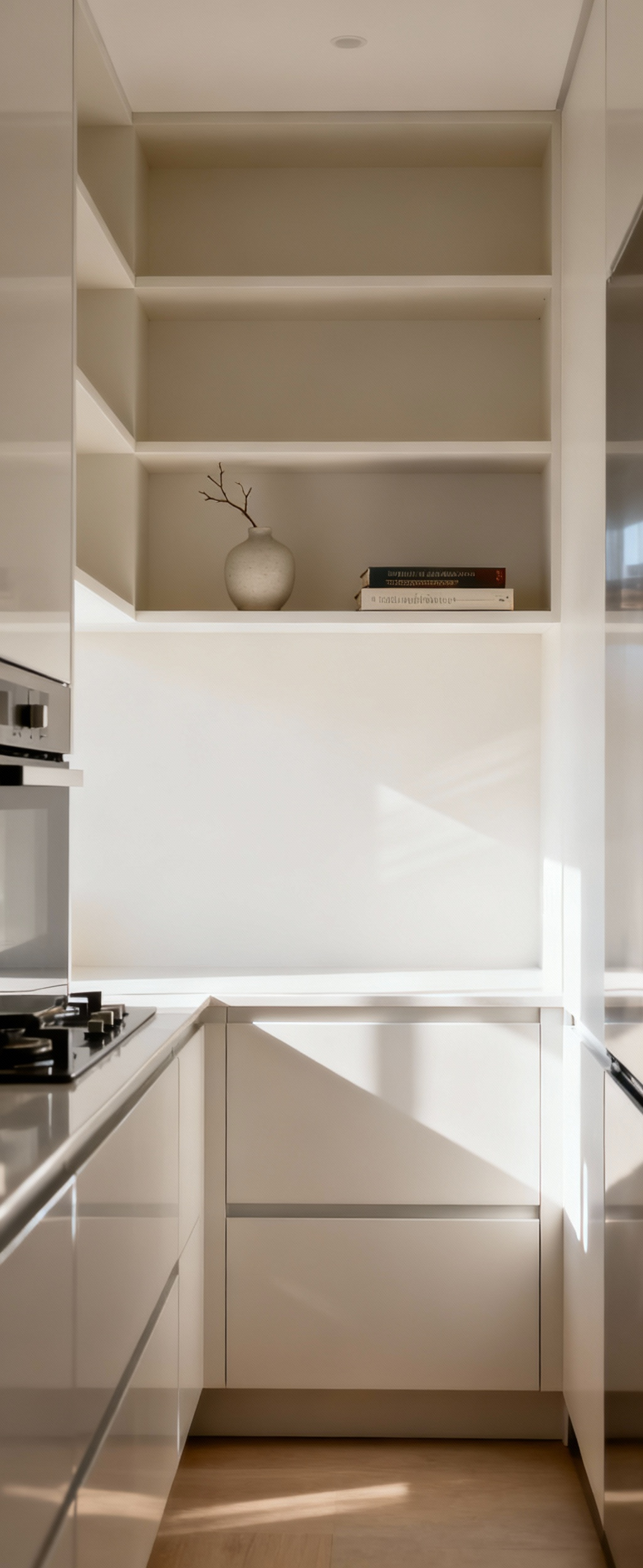 A modern small kitchen featuring open wooden shelves with intentional empty spaces. A few carefully placed white ceramic bowls and a small green plant create a visually light and airy feel. The clean design emphasizes the impact of negative space for organization and aesthetic appeal.