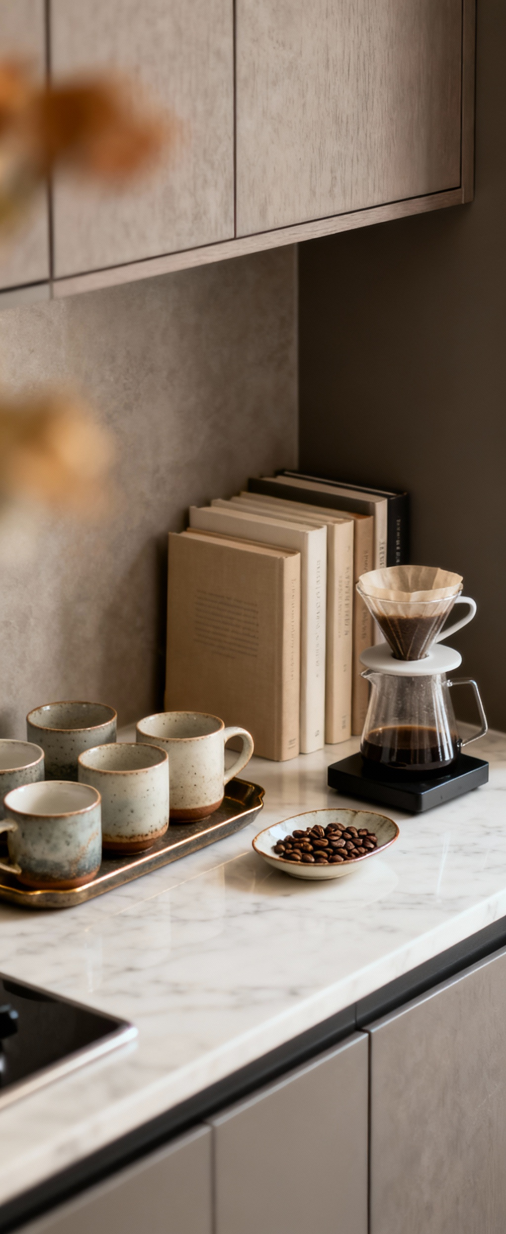 Small kitchen organized with display-worthy coffee station and curated cookbooks, merging function and aesthetic appeal through thoughtful design principles.