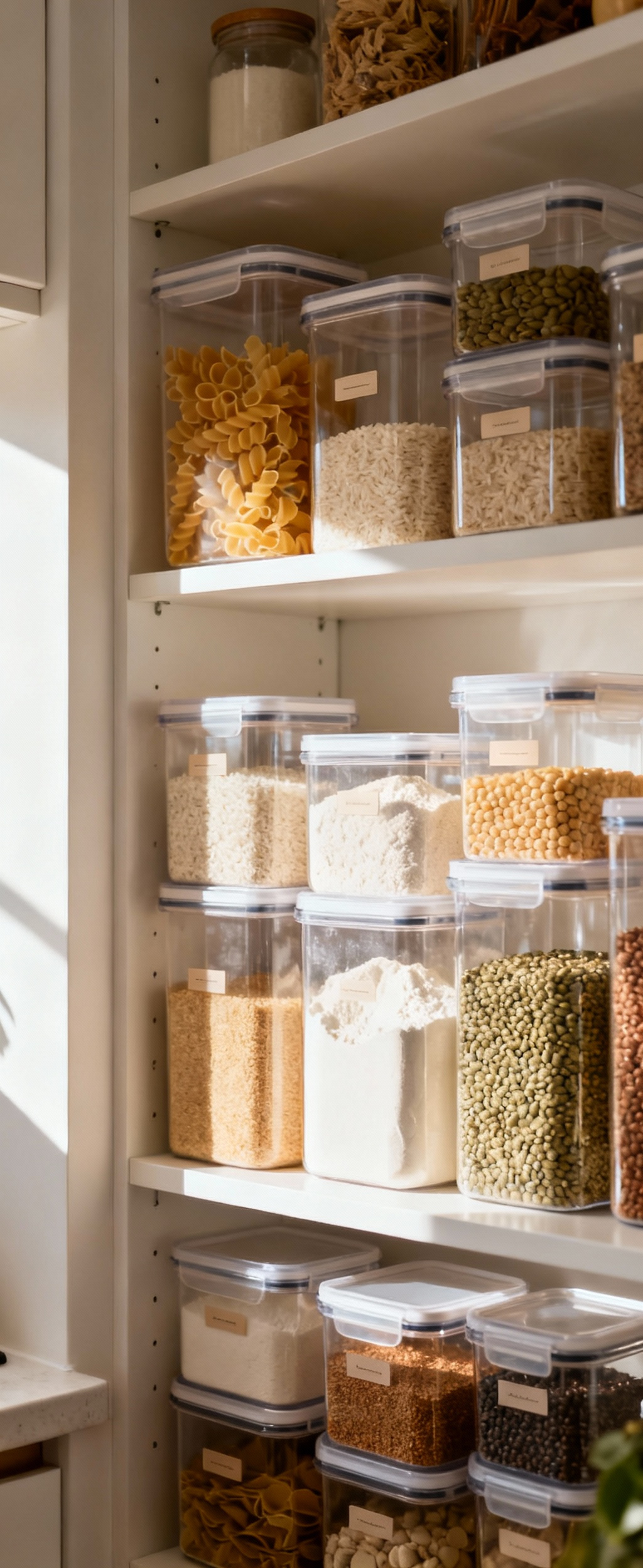 A neatly organized small kitchen pantry shelf featuring various clear, labeled, airtight containers holding pantry essentials like grains and pasta, demonstrating effective pantry organization.