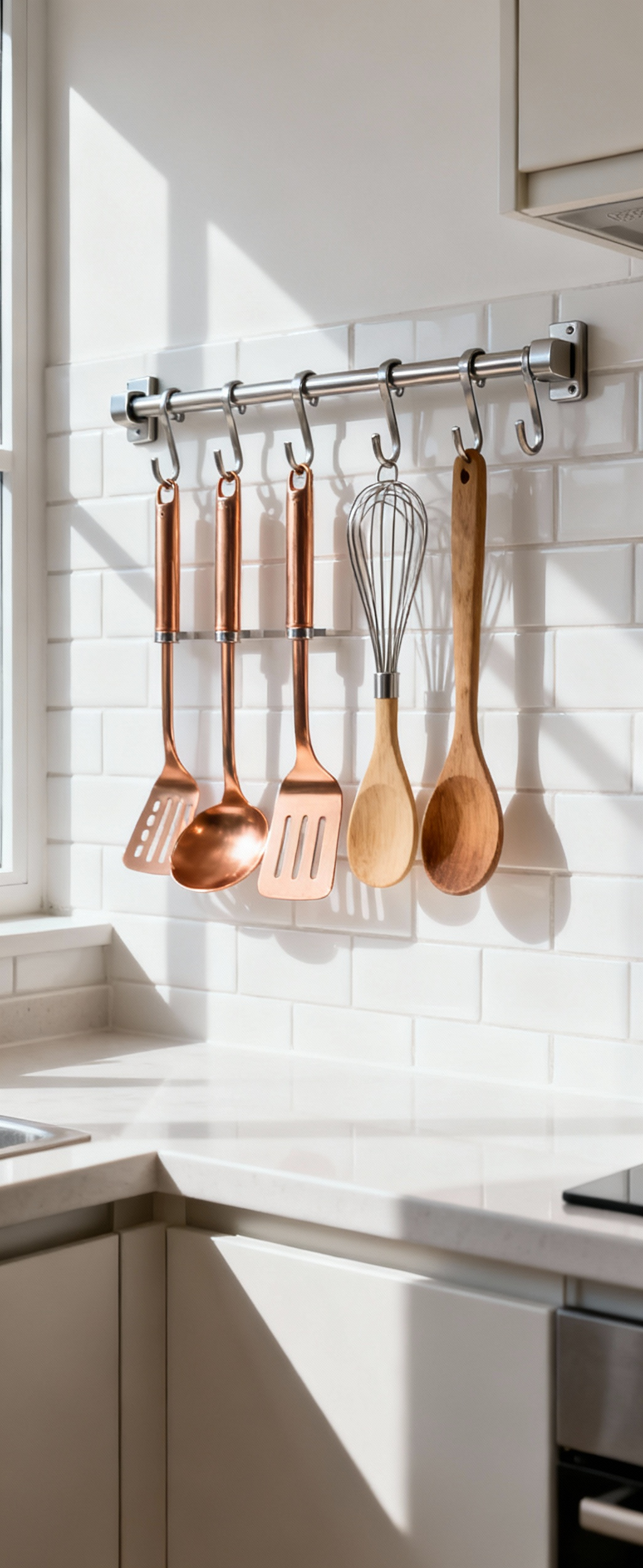 Modern small kitchen featuring a stainless steel wall hook system with neatly organized copper and wooden cooking utensils, against a clean white tiled backsplash.