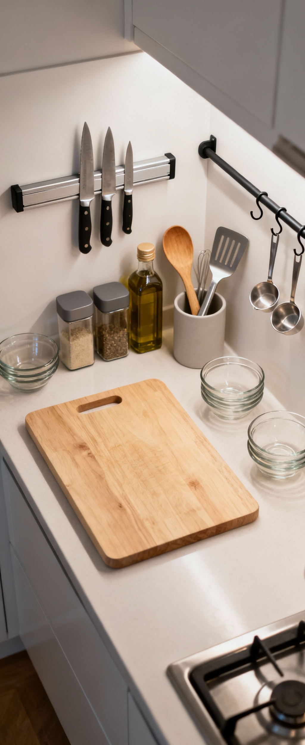 A perfectly organized dedicated prep station in a small modern kitchen, featuring a cutting board, knives on a magnetic strip, and spices, optimized for efficient cooking workflow.