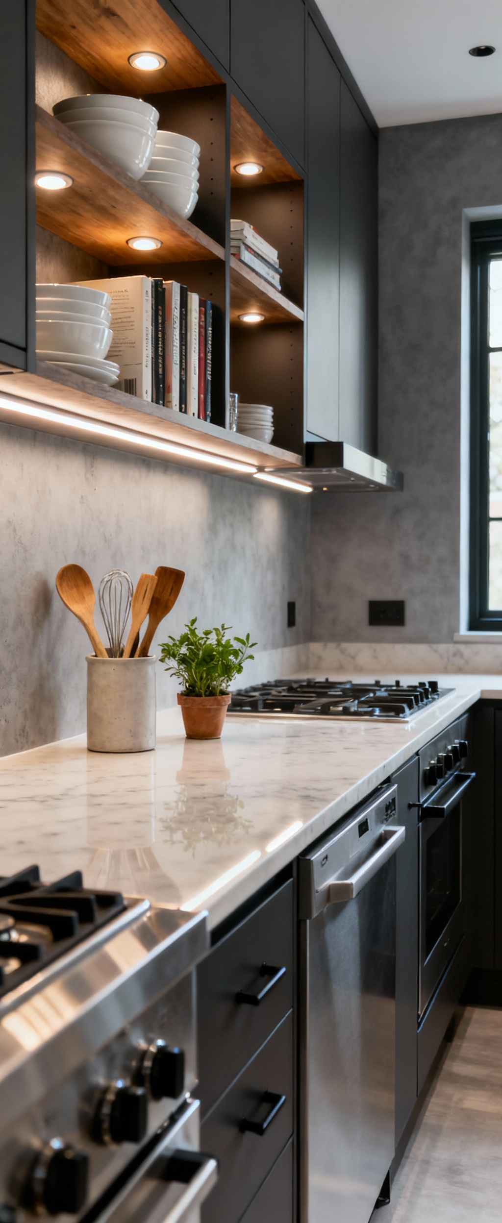Modern small kitchen with integrated under-cabinet task lighting illuminating a neat countertop and organized open shelves with ceramic bowls and cookbooks, enhancing function and ambiance.
