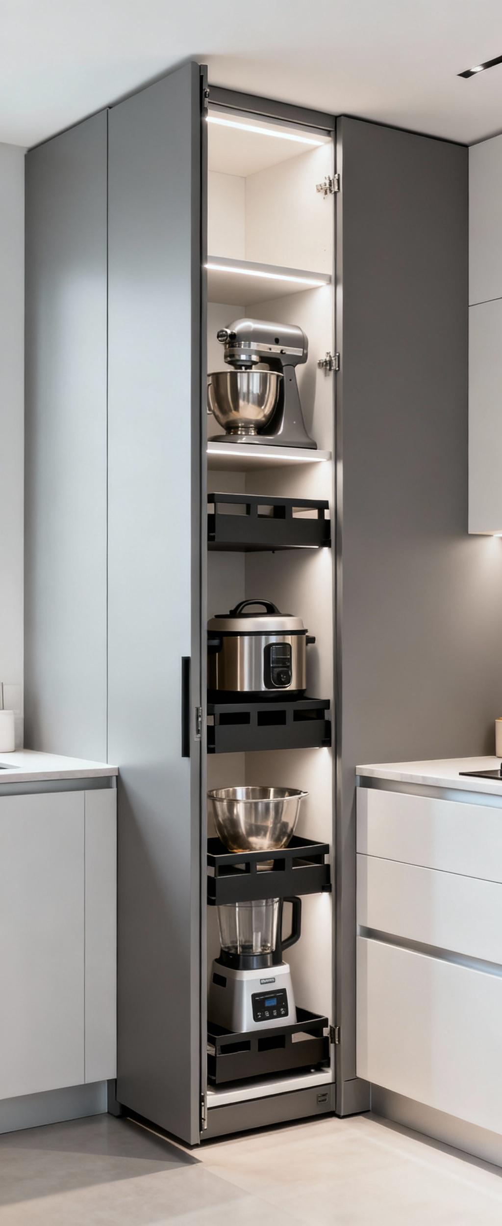 An open, organized tall kitchen pantry cabinet revealing a stand mixer, slow cooker, and food processor neatly stored on pull-out shelves, designed for efficient vertical appliance storage. The surrounding kitchen counter is clear and spacious, demonstrating effective space-saving.