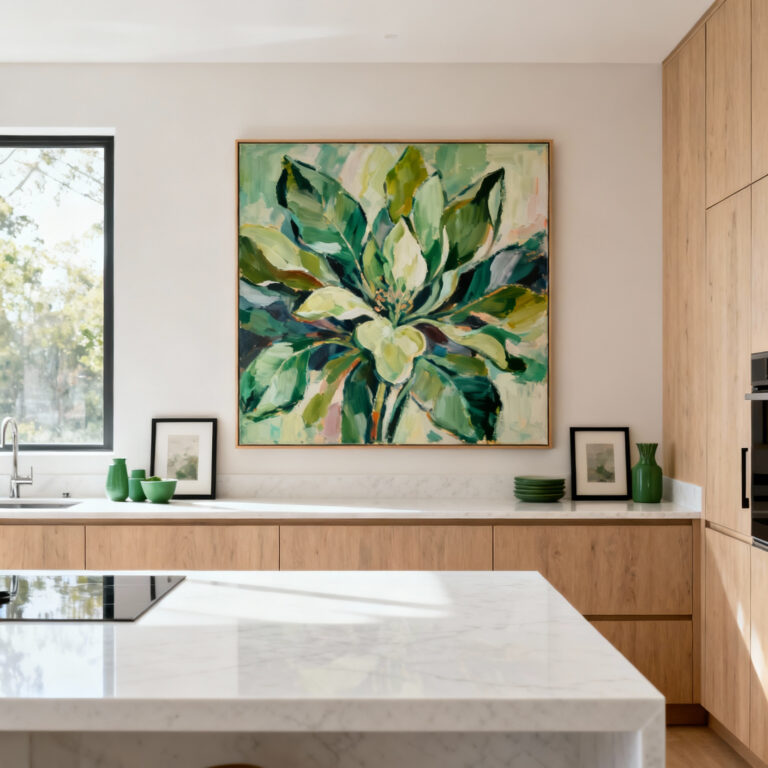 A modern kitchen featuring a large abstract botanical art piece above a countertop, integrated seamlessly to define the culinary narrative of the space.