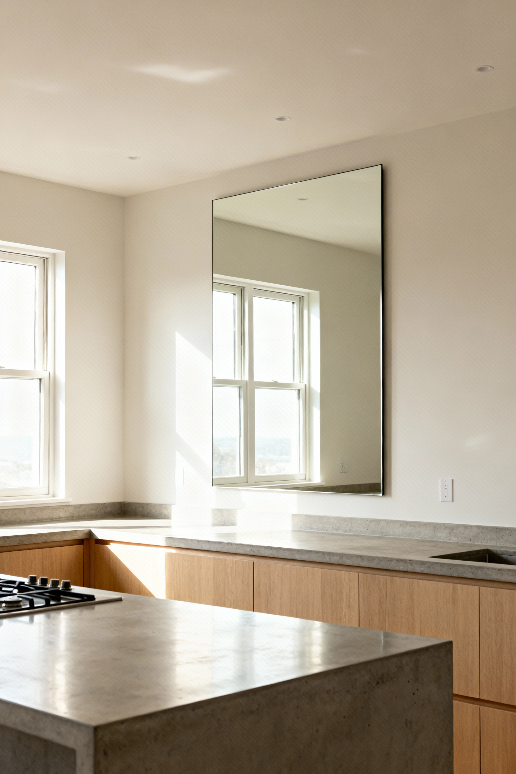 Modern kitchen featuring a large, frameless wall mirror that reflects natural light and expands the perceived volume of the room, alongside polished concrete and light wood cabinetry.
