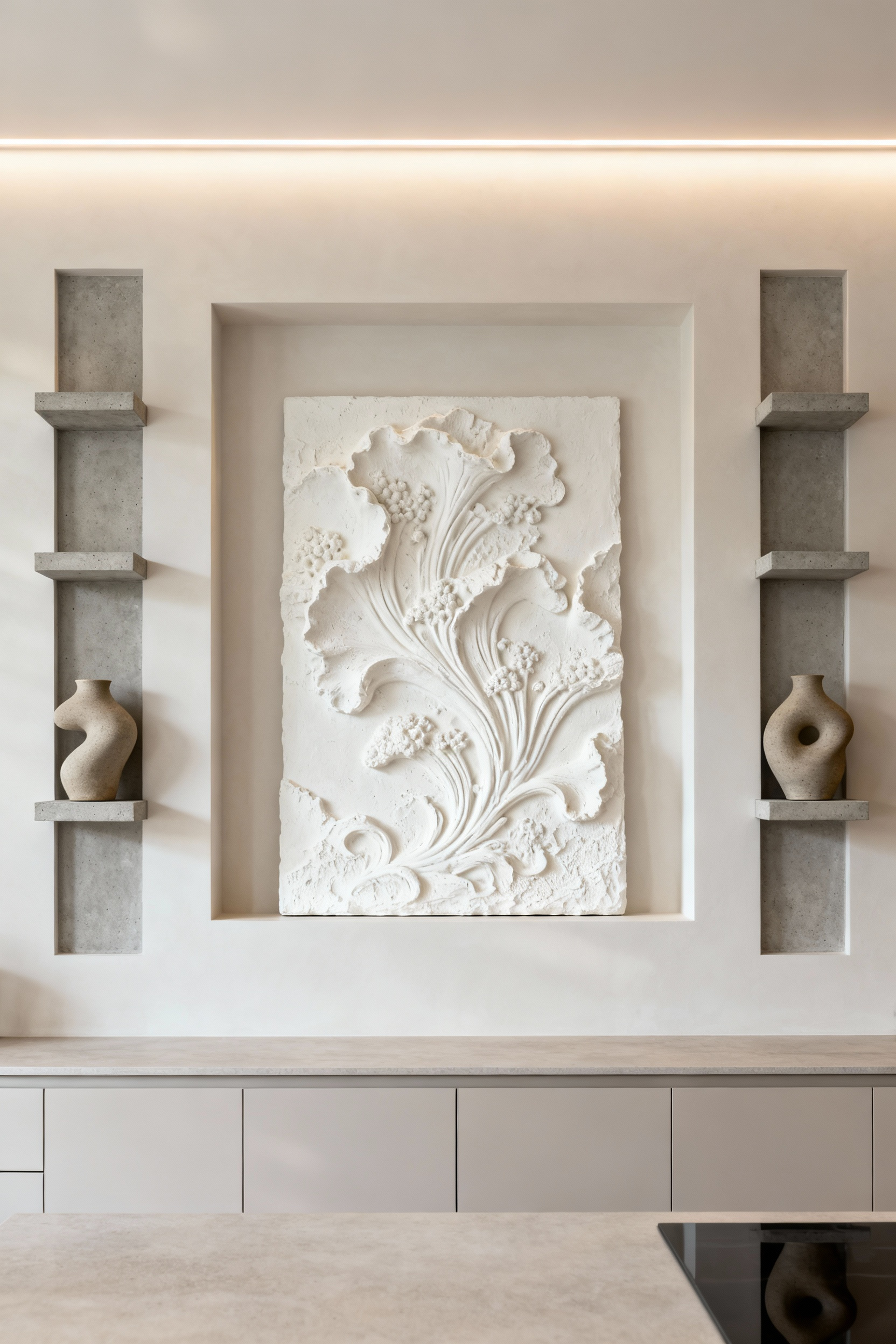 Modern kitchen wall with integrated white plaster relief sculpture and floating concrete shelves displaying handcrafted ceramic vases.