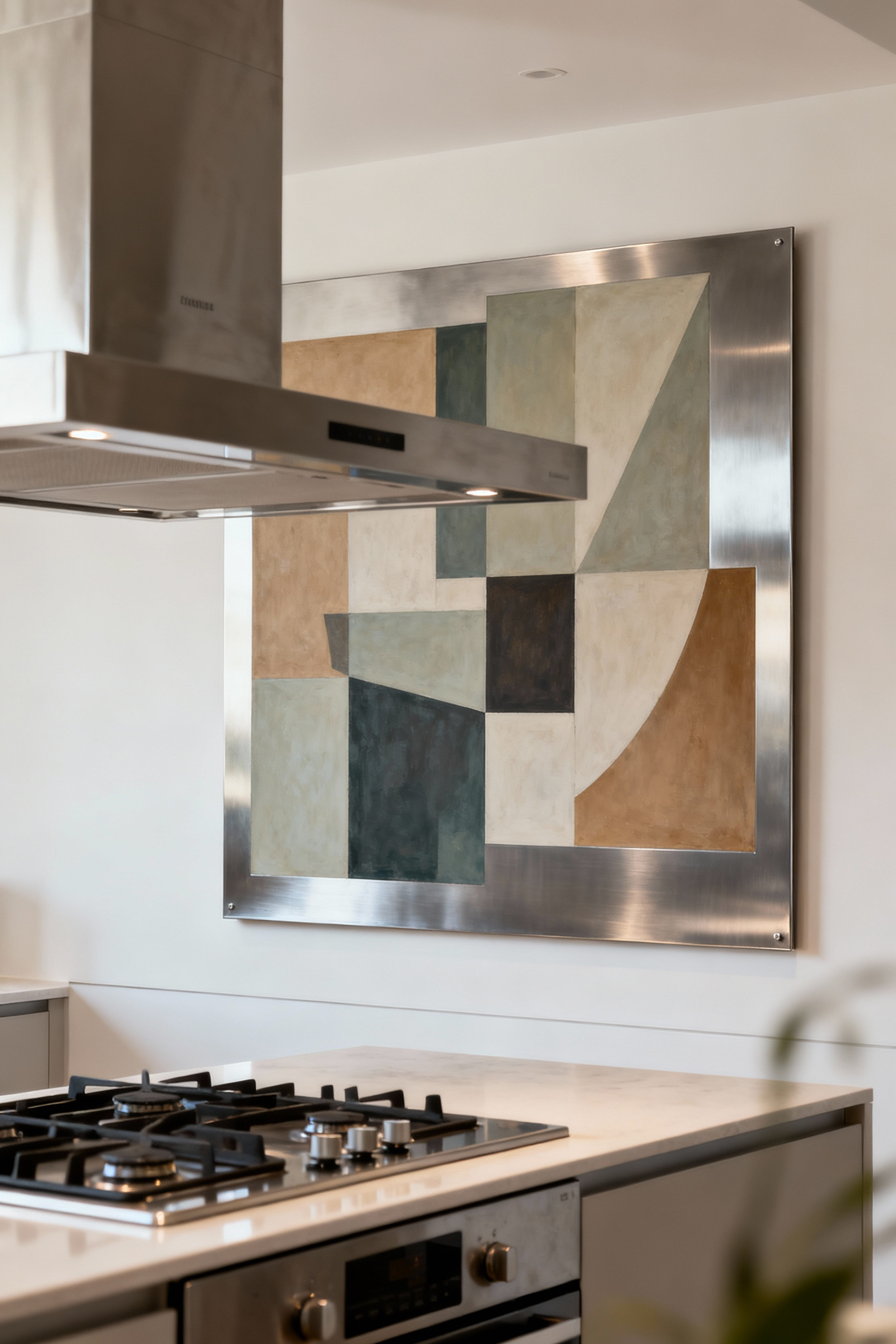 A professional photo of a modern kitchen with a large, abstract metal art print mounted as a central focal point directly above a sleek, stainless steel range and range hood.