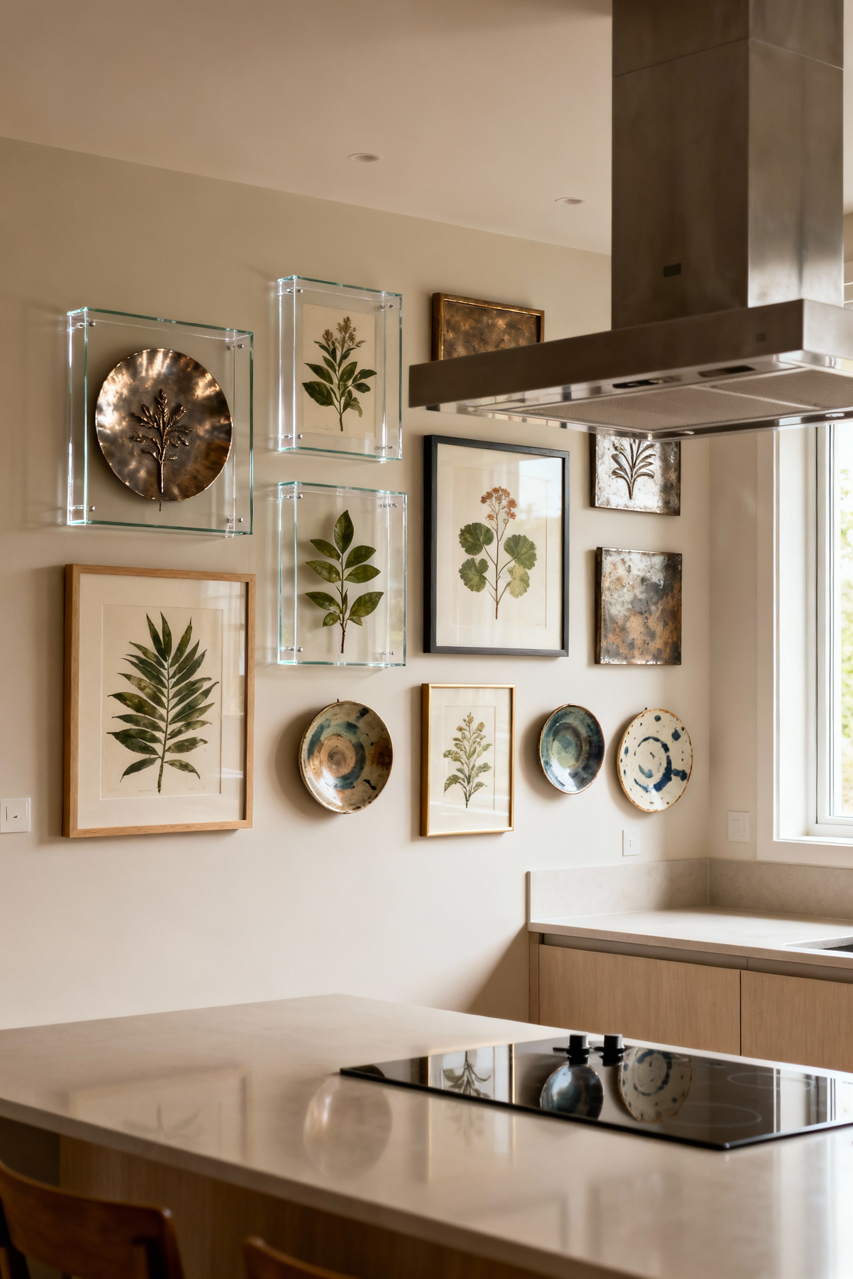 An artistic kitchen gallery wall featuring various framed botanical prints, metallic sculptures, and ceramic plates arranged with proportional precision around a modern range hood, enhancing the kitchen's aesthetic.