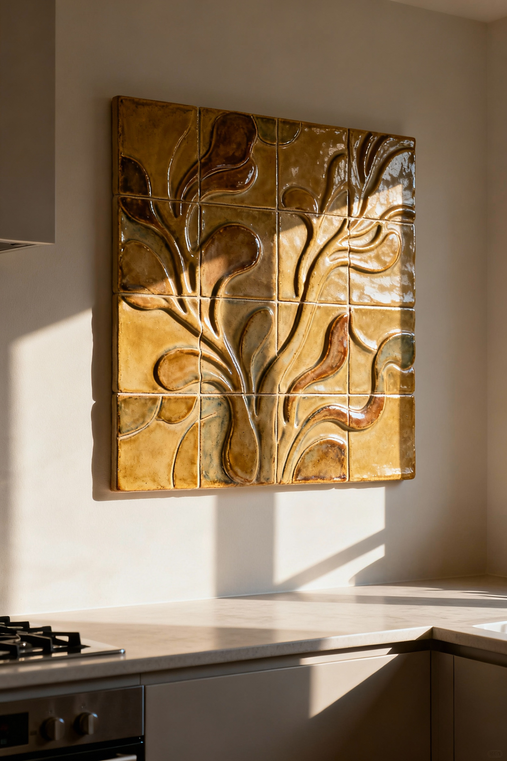 Close-up of a kitchen wall adorned with an intricate, hand-sculpted ceramic tile mural showcasing rich texture and artisanal craftsmanship, in a modern kitchen setting.