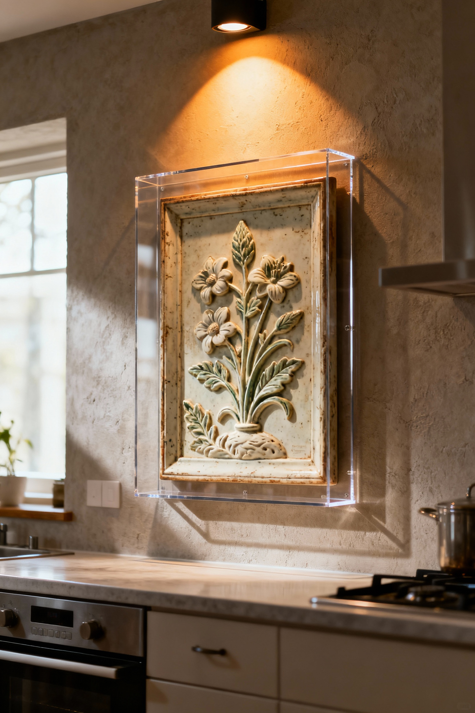 Close-up of a well-preserved kitchen wall art piece with museum-grade glazing, emphasizing its lasting legacy and careful curation.