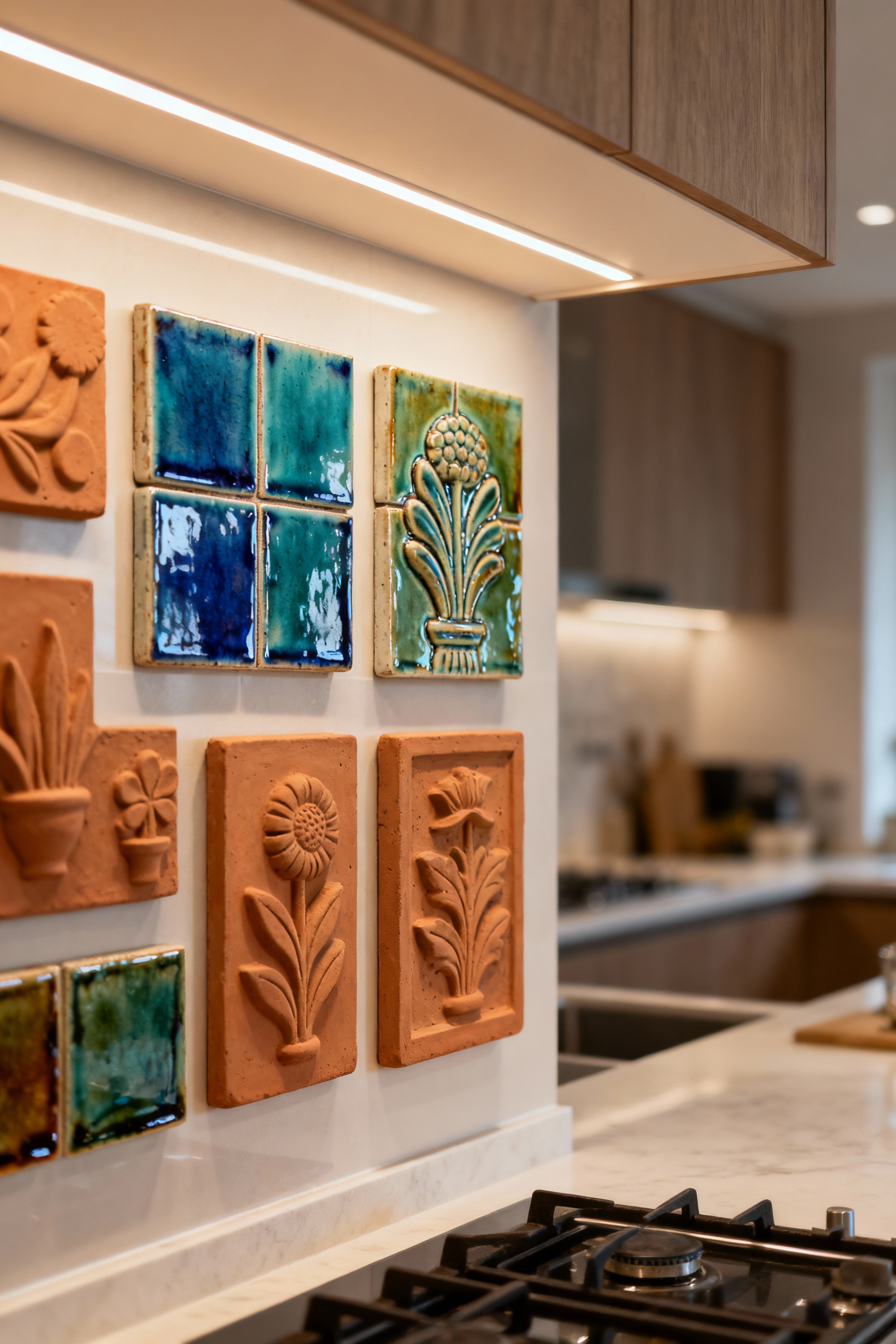 Kitchen wall adorned with integrated glazed ceramic tiles and terracotta relief art pieces, showcasing texture and artistic purpose.