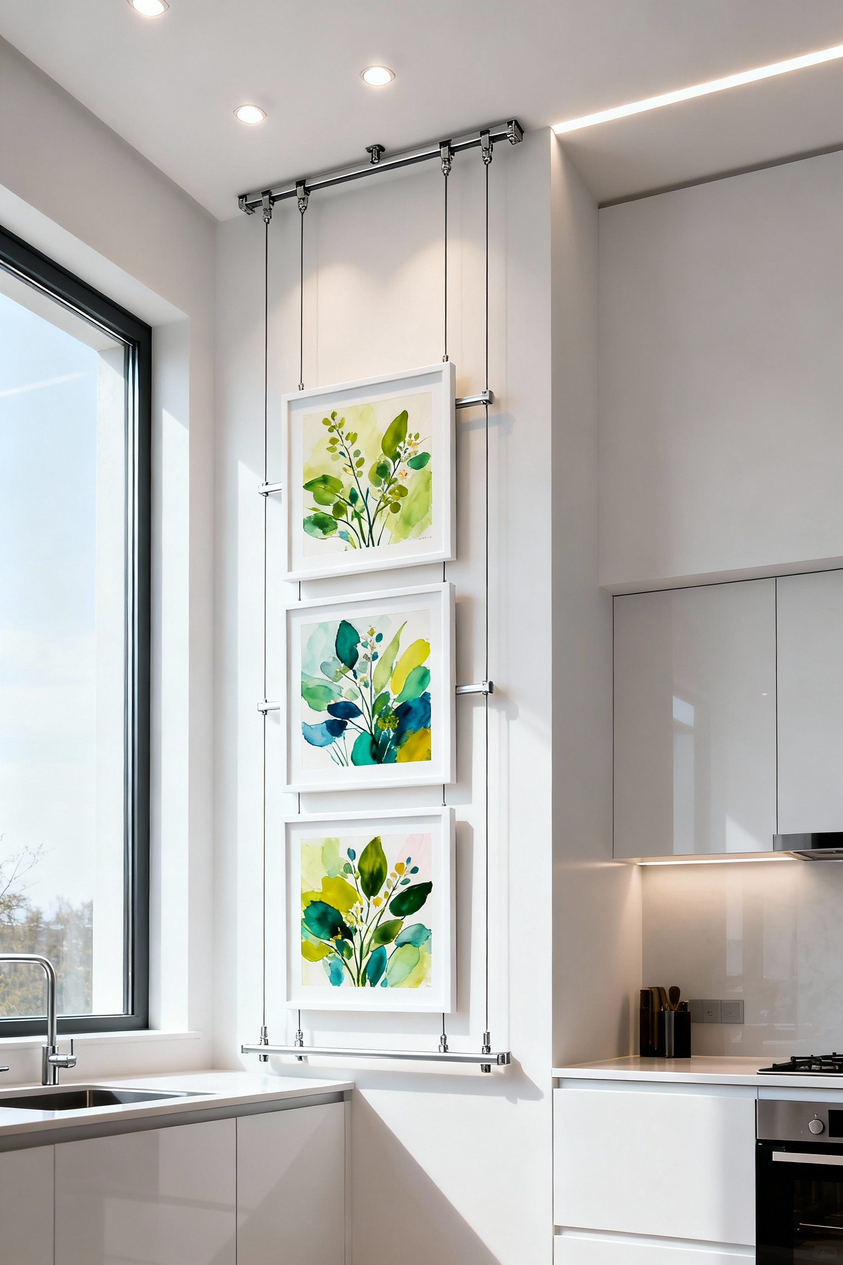 Kitchen wall with modular art hanging system displaying vibrant botanical prints for spring, showcasing adaptable rotational displays.