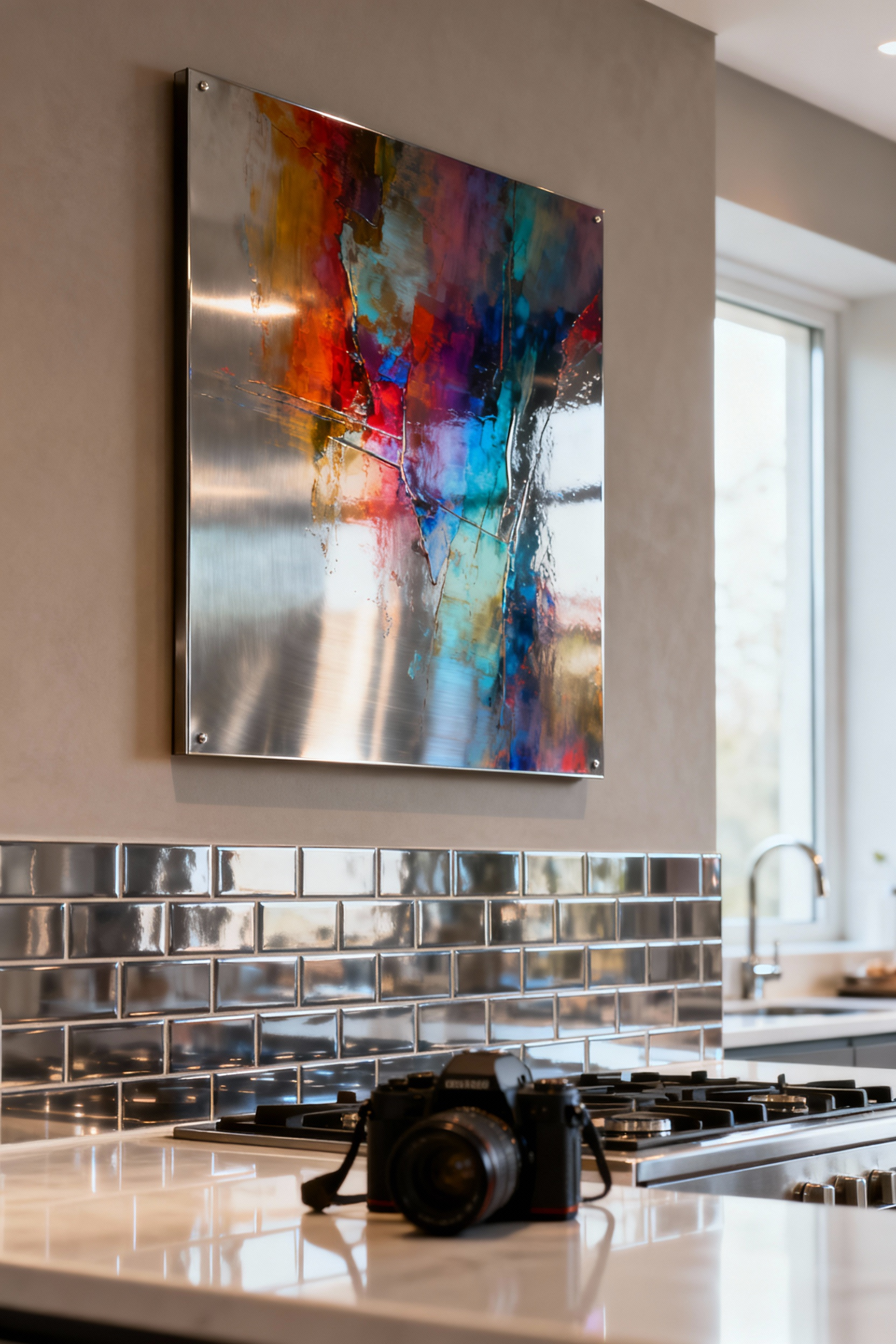 Close-up of vibrant abstract art printed on polished metal, framed beautifully on a kitchen wall, demonstrating resilient kitchen wall art materials. The durable artwork is set against glazed ceramic tiles in a modern kitchen. No people.