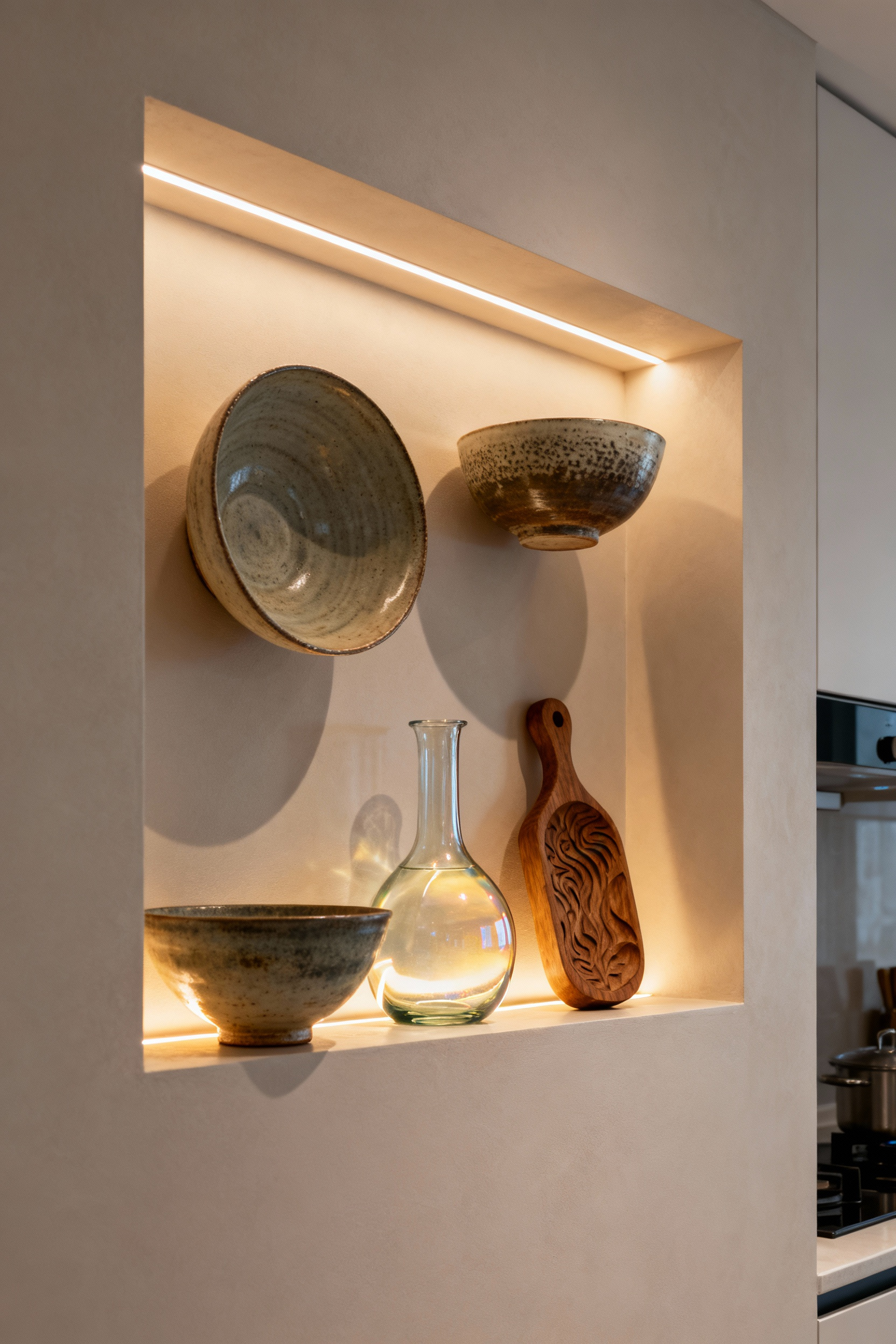 A modern kitchen wall featuring an interactive art installation with custom shelving showcasing artisanal ceramics, wooden cutting boards, and glass carafes under subtle LED lighting, creating a dynamic sensory experience.