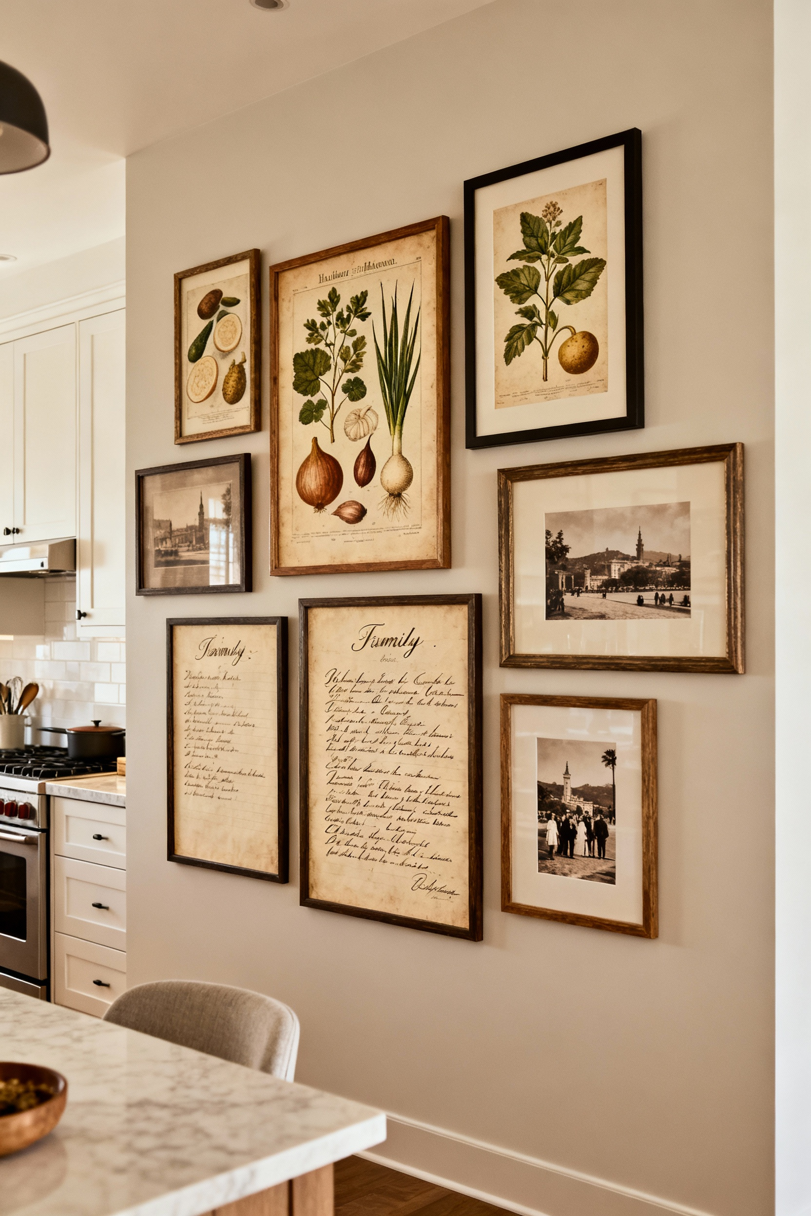 Kitchen wall gallery featuring framed family recipes, botanical prints, and travel photos, representing personal iconography and storytelling through kitchen wall art.