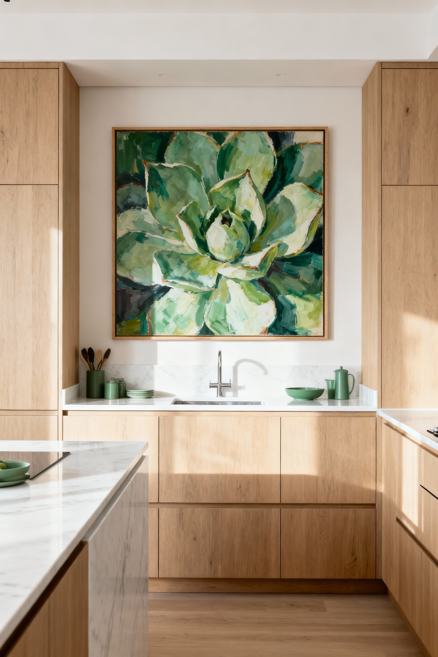 A modern kitchen featuring a large abstract botanical art piece above a countertop, integrated seamlessly to define the culinary narrative of the space.
