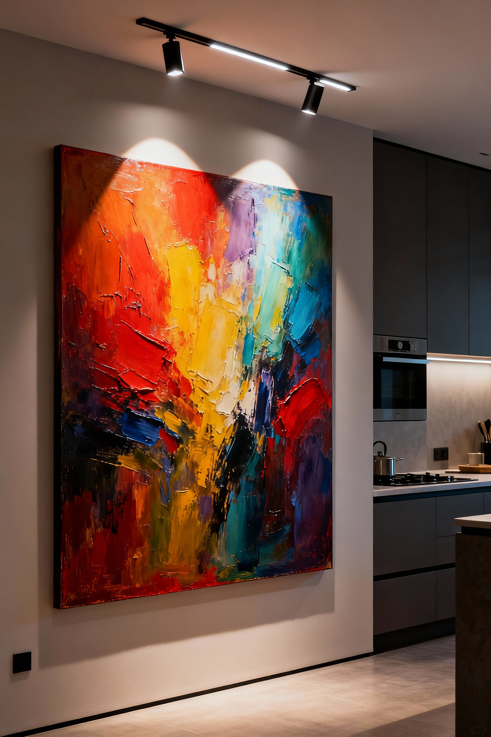 Portrait view of a contemporary kitchen wall art piece, expertly lit by focused LED spotlights to highlight its texture and colors, demonstrating dramatic illumination.