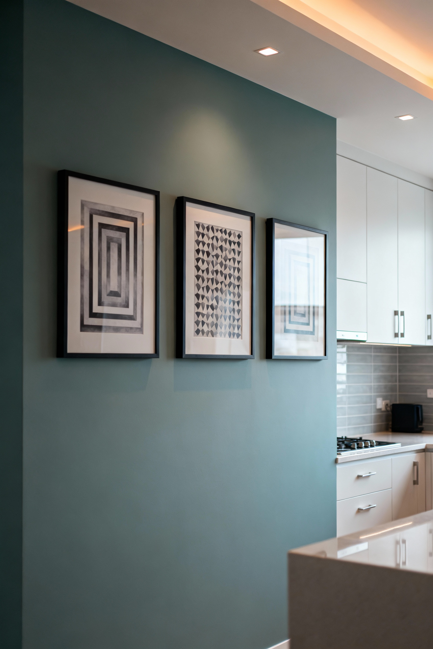 Three framed abstract art pieces arranged as a dynamic trio on a minimalist kitchen wall, showcasing strategic art groupings for narrative flow, modern kitchen art decor.