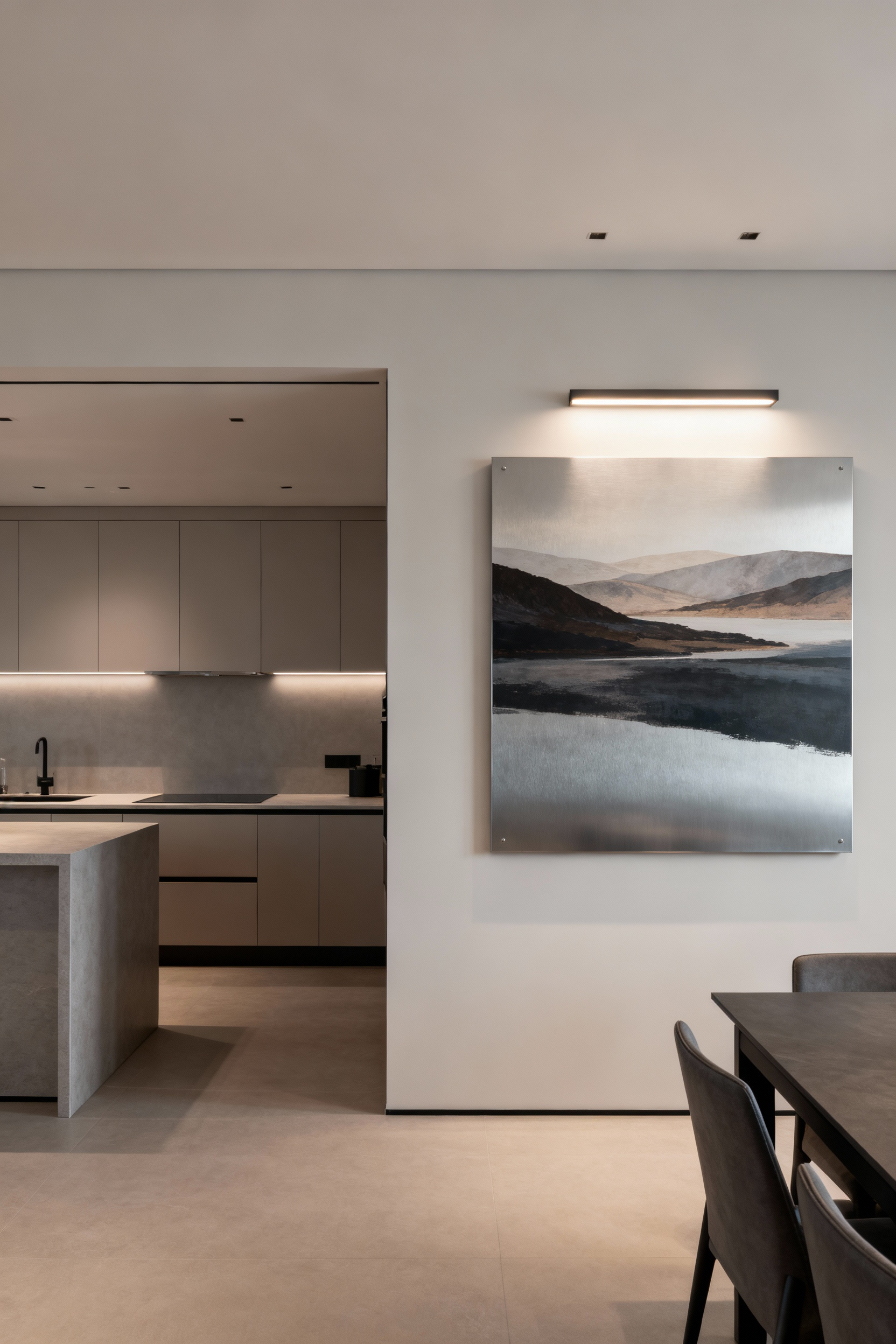 Contemporary kitchen featuring a durable abstract landscape art print on aluminum composite, strategically placed for both visual appeal and functionality, blending into the room's aesthetic.