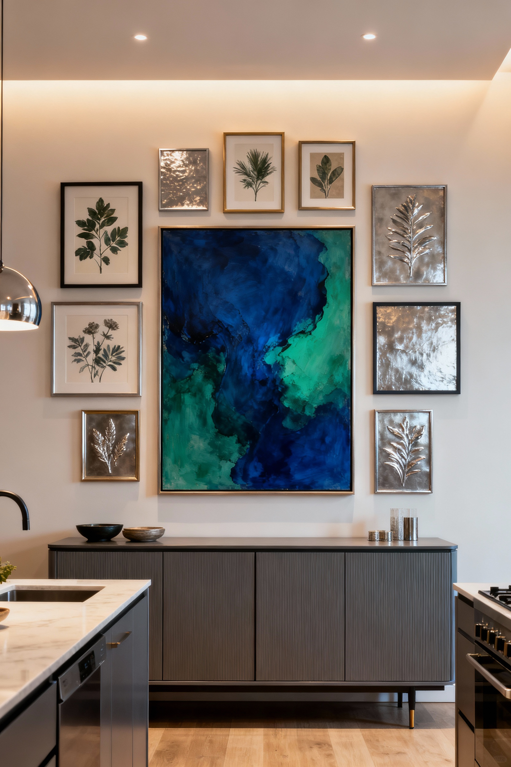 A beautifully curated kitchen wall featuring a large abstract artwork complemented by smaller botanical prints in custom frames, demonstrating layered kitchen wall art design for depth and cohesion.