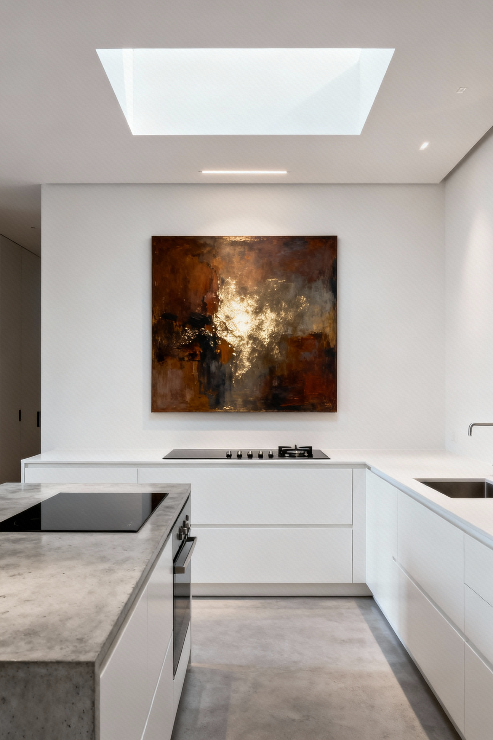 Abstract expressionist art behind an induction range in a modern kitchen, demonstrating cohesive design integration and aesthetic harmony.