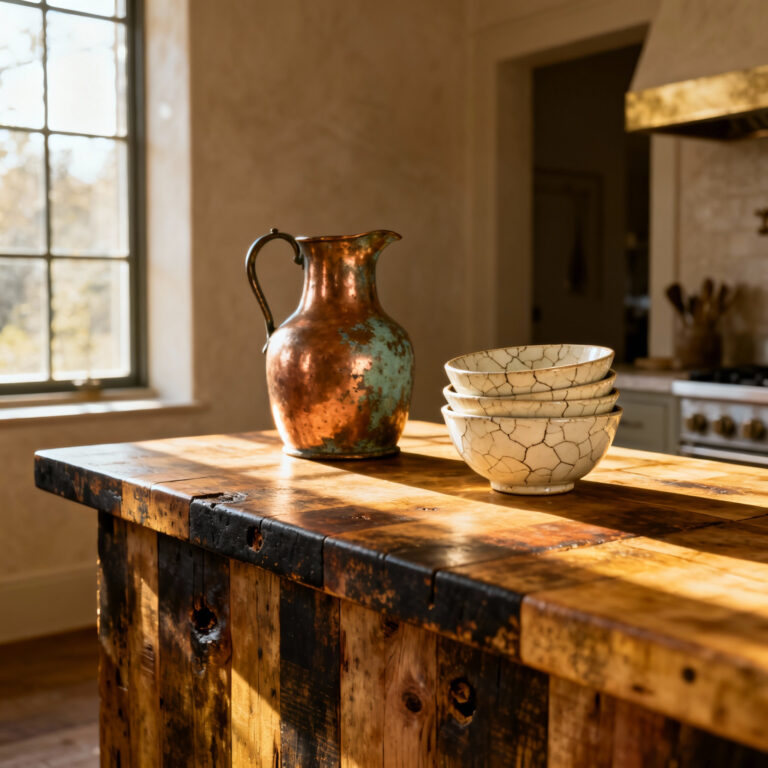 Rustic kitchen with aged butcher block island, antique copper pitcher with verdigris patina, and crazed ceramic bowls under natural light. Highlights authentic aged character and patination in sophisticated decor.