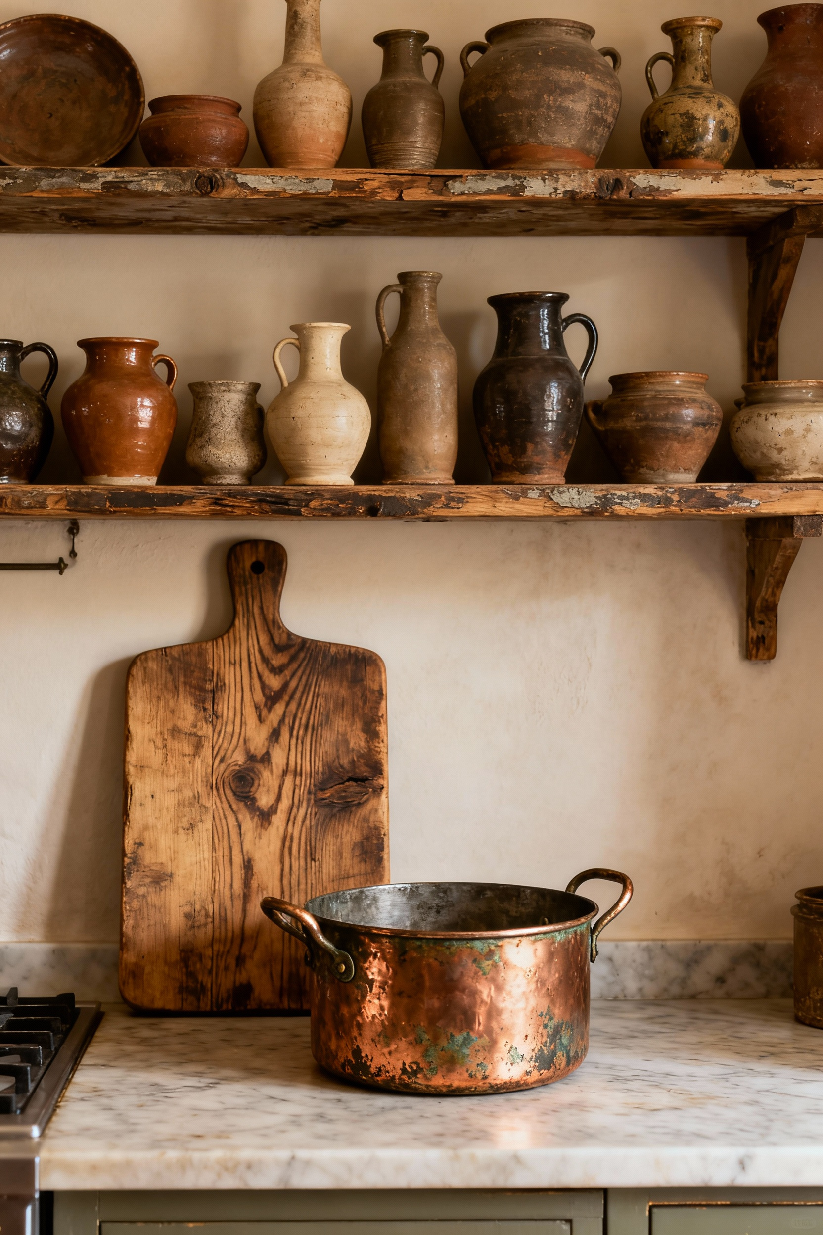 Rustic kitchen interior showing a vignette of heirloom copper pots and earthenware pottery on aged wooden shelves, conveying personal heritage and provenance.
