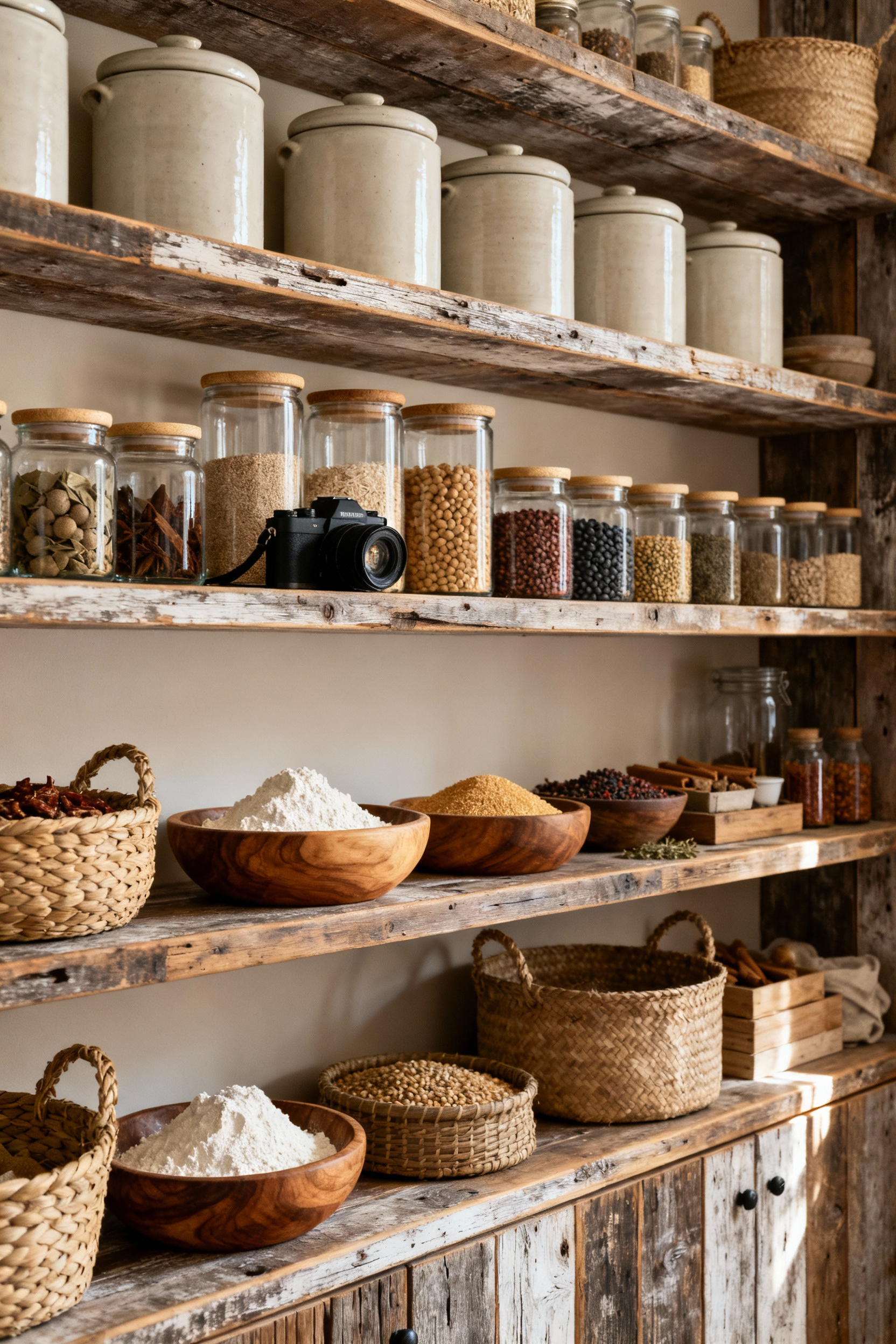 A beautifully organized sophisticated rustic pantry with reclaimed wood shelves, ceramic canisters, clear glass jars, and woven baskets. Dry goods are neatly arranged, showcasing an elevated aesthetic under warm natural light.