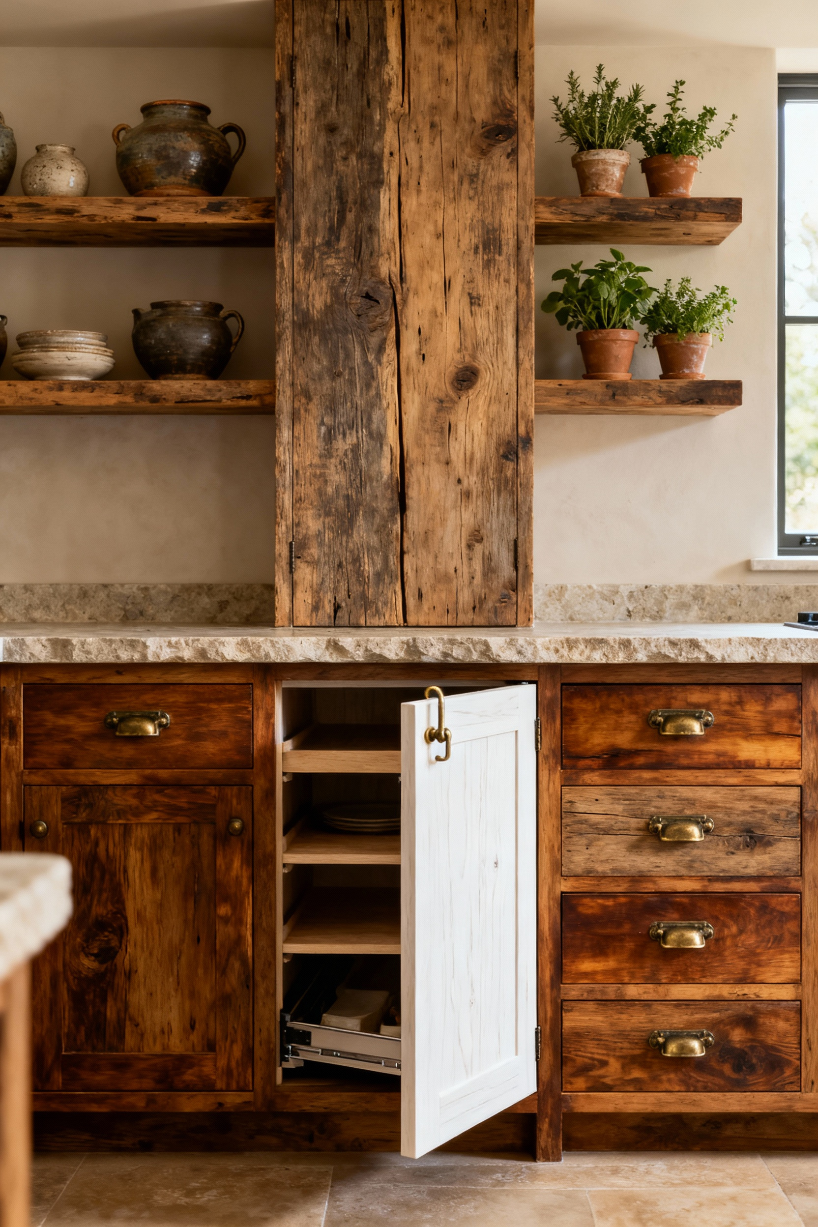 Custom rustic kitchen cabinetry made of reclaimed oak with aged brass hardware, open shelving, and natural stone countertops.