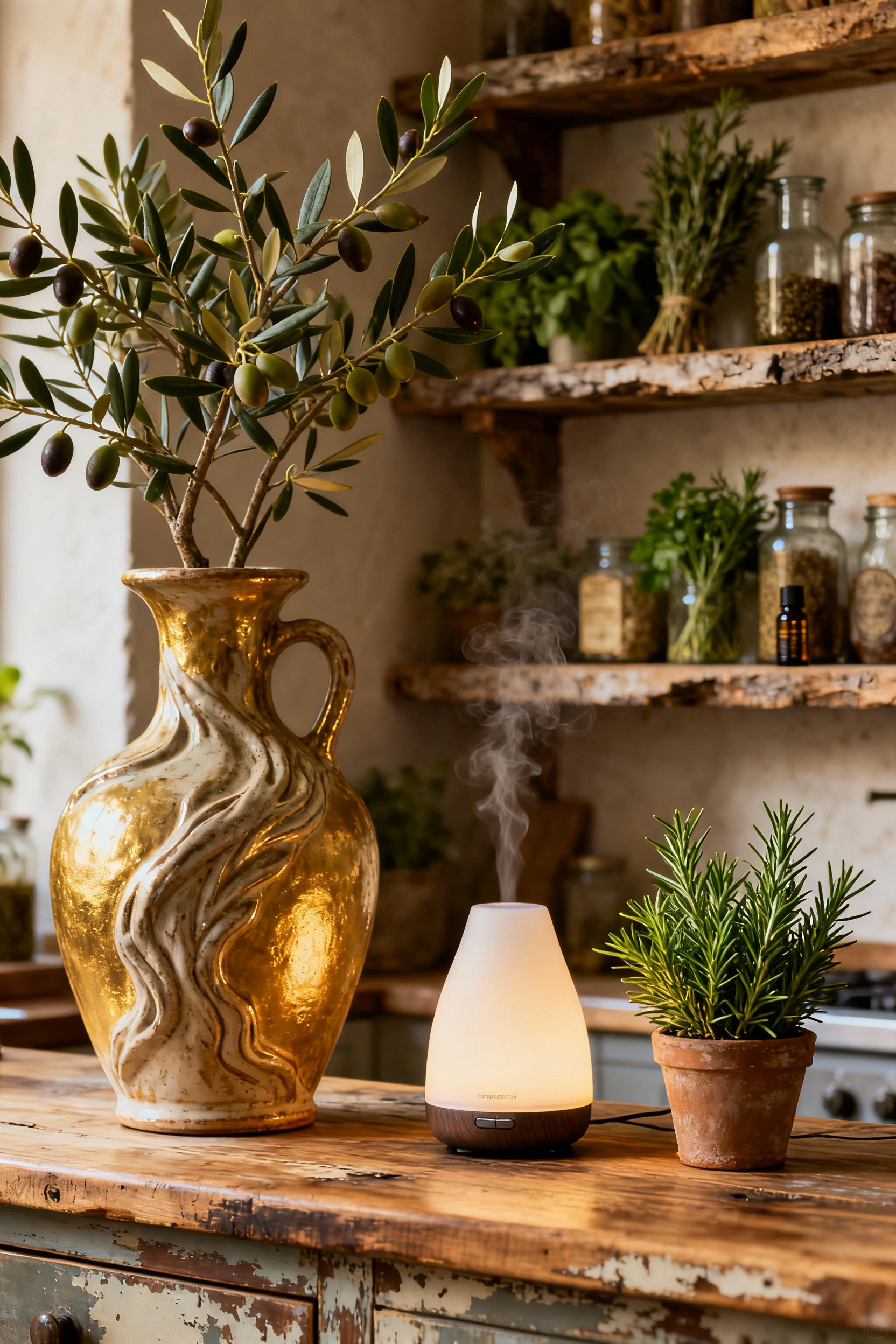 Rustic kitchen counter with an olive branch in a ceramic vase, a subtle essential oil diffuser, and fresh rosemary, demonstrating sensory allure.