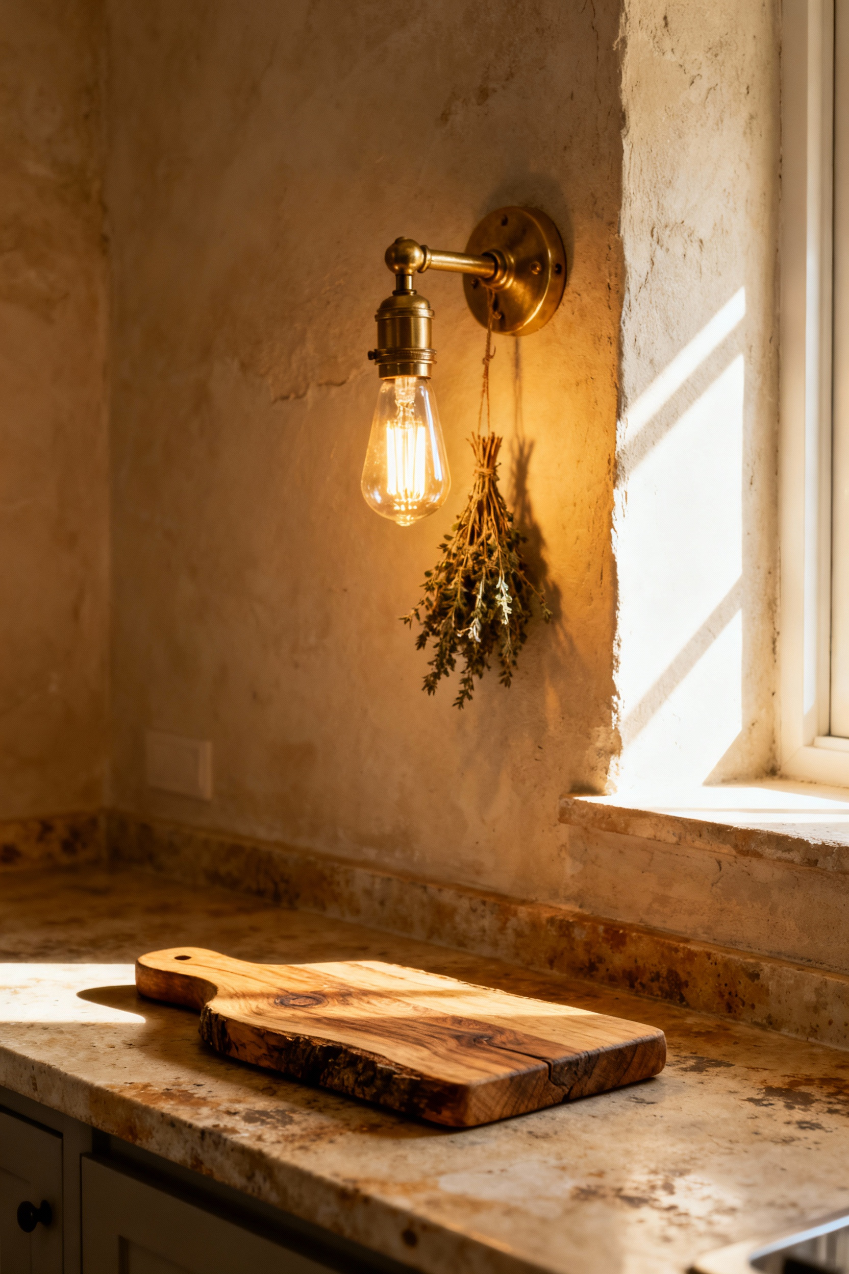 A rustic kitchen scene with a vintage brass sconce glowing warmly over a honed stone countertop, enhanced by natural light filtering in, highlighting the texture of reclaimed wood and plaster.