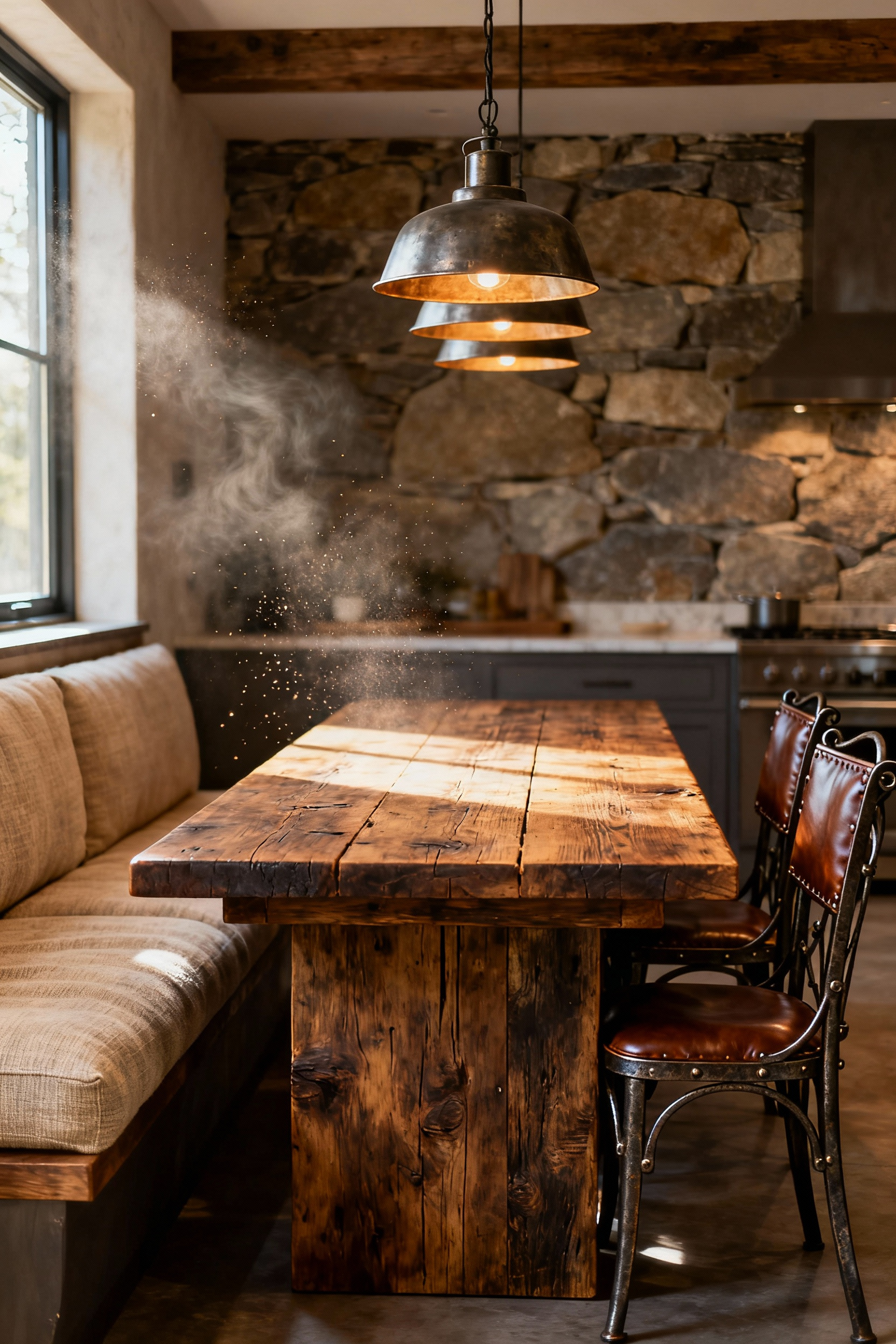 Sophisticated rustic kitchen with long reclaimed wood farmhouse dining table, upholstered banquette, and iron chairs, designed for intimate gatherings and connections.