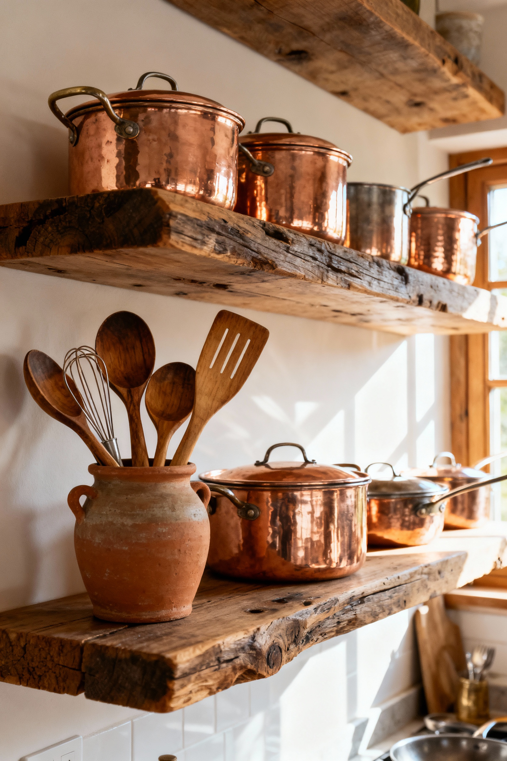 Rustic kitchen interior with bespoke wooden spoons in an earthenware crock on a reclaimed wood shelf, alongside gleaming copper pots on a pot rack, styled as decor.