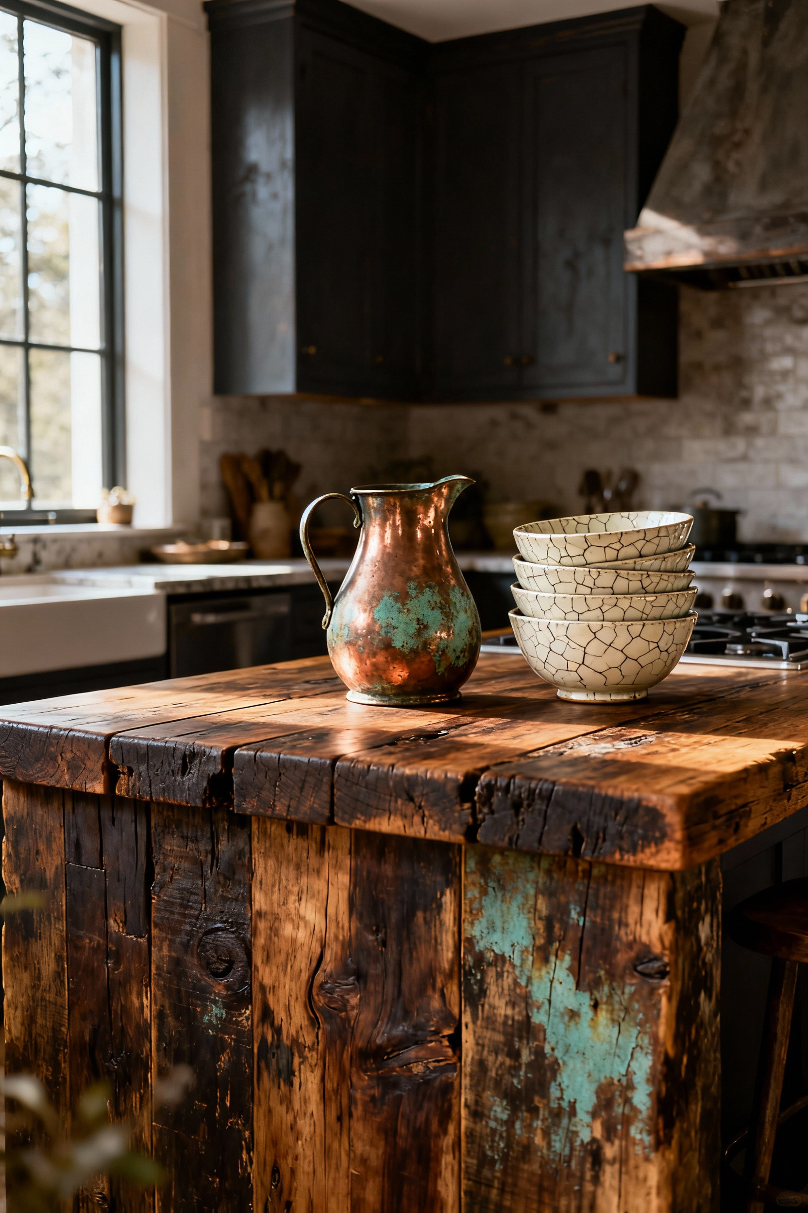 Rustic kitchen with aged butcher block island, antique copper pitcher with verdigris patina, and crazed ceramic bowls under natural light. Highlights authentic aged character and patination in sophisticated decor.