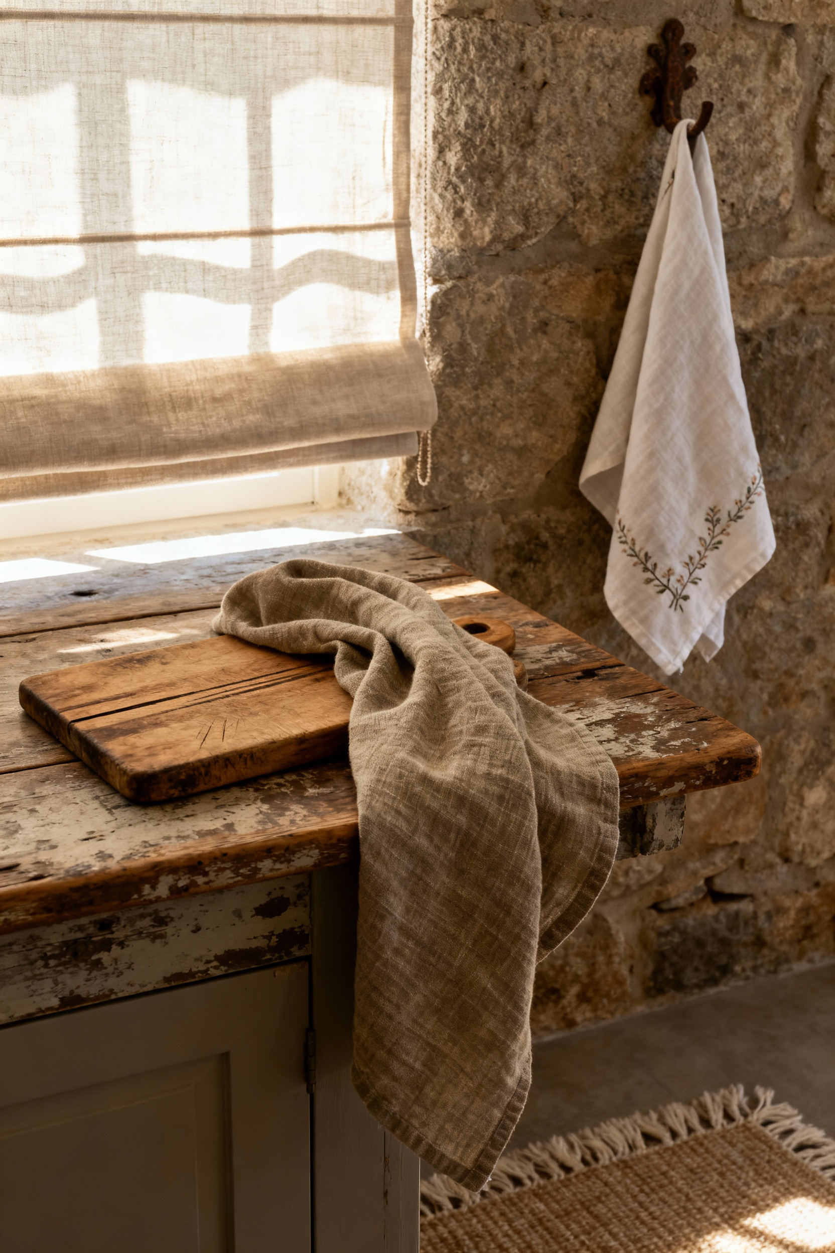 A rustic kitchen vignette displaying heirloom-quality textiles: a heavy linen dish towel draped over an aged wooden cutting board, with a corner of a custom unbleached Belgian linen Roman blind in the background. An embroidered organic cotton tea towel hangs from a hook on a stone wall. Highlighting textural contrast and warmth.