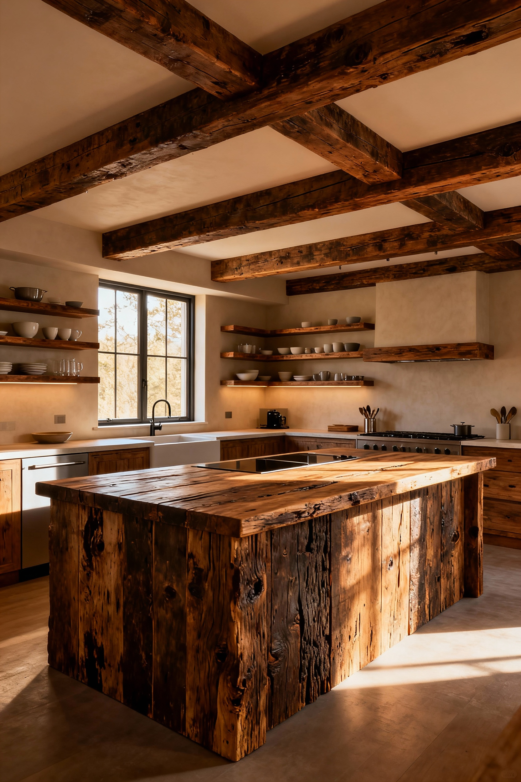 Sophisticated rustic kitchen featuring exposed reclaimed timber beams, a reclaimed wood kitchen island, and matching open shelves, showcasing the warmth and character of aged wood in design.