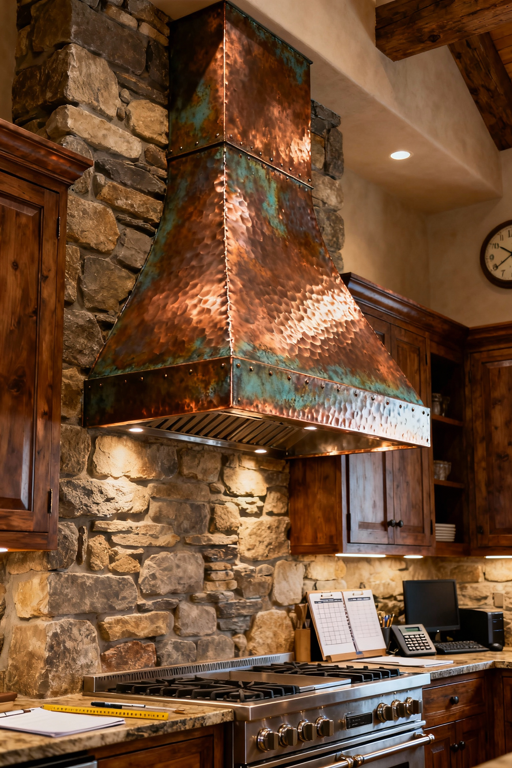 A large, hand-hammered copper range hood with a rich patina serving as a striking focal point in a sophisticated rustic kitchen with stone walls and wooden cabinets.