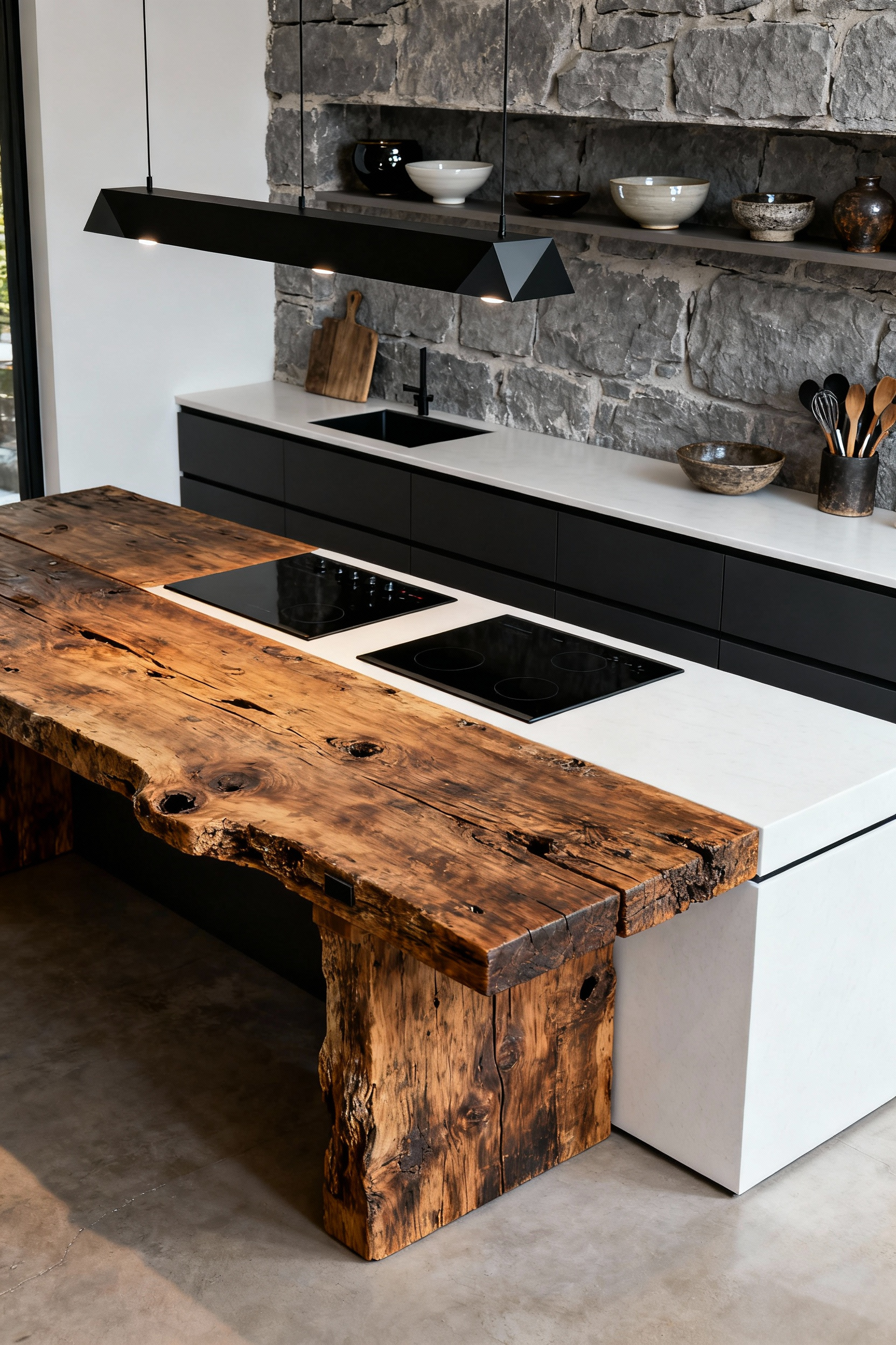 A professional portrait photo of a sophisticated rustic kitchen showcasing the intentional harmonization of raw, primitive textures like reclaimed oak and chiseled stone with sleek, contemporary elements such as minimalist lighting, matte black integrated cooktops, and white quartz countertops, all under diffused natural light, emphasizing contrasting design elements.