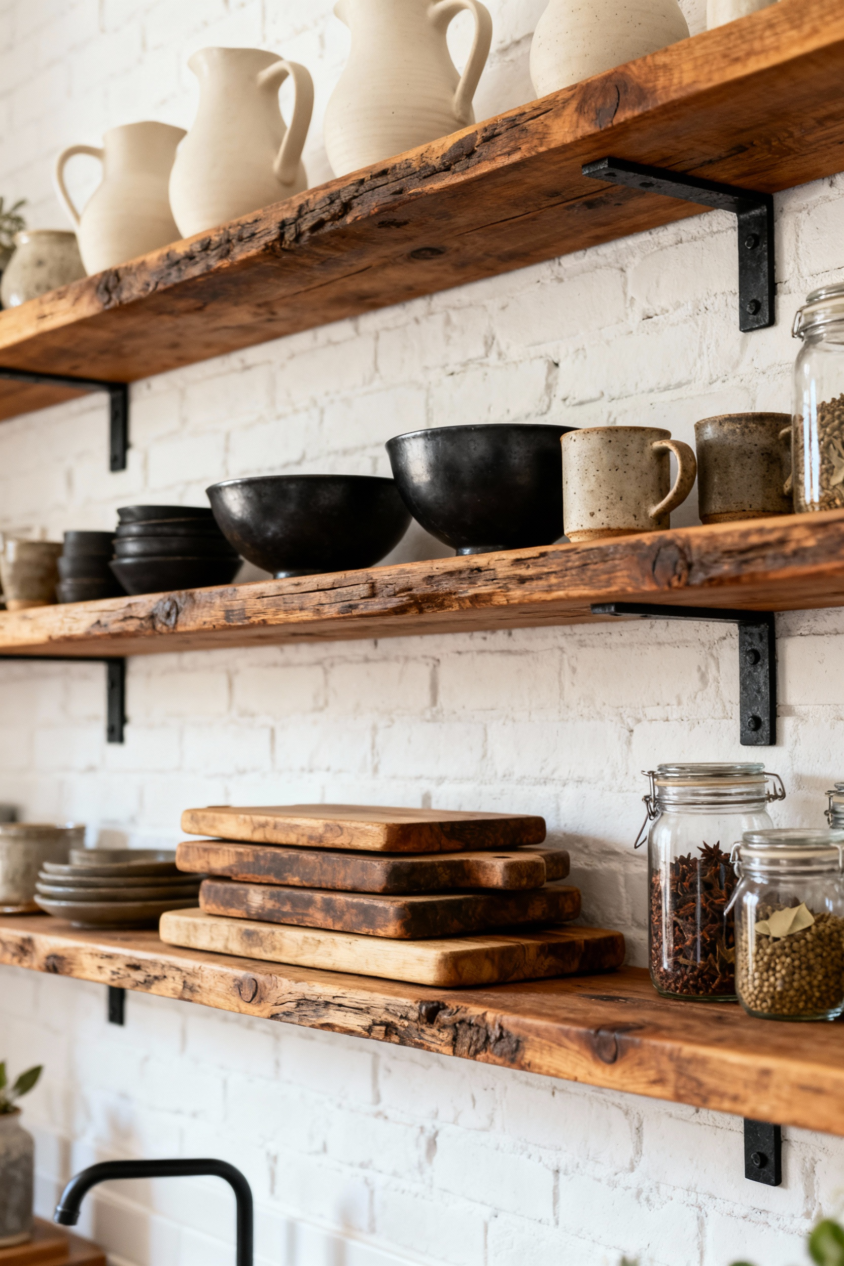Rustic kitchen open shelving displaying curated handcrafted ceramics, aged cutting boards, and dark ironware with elegant styling.