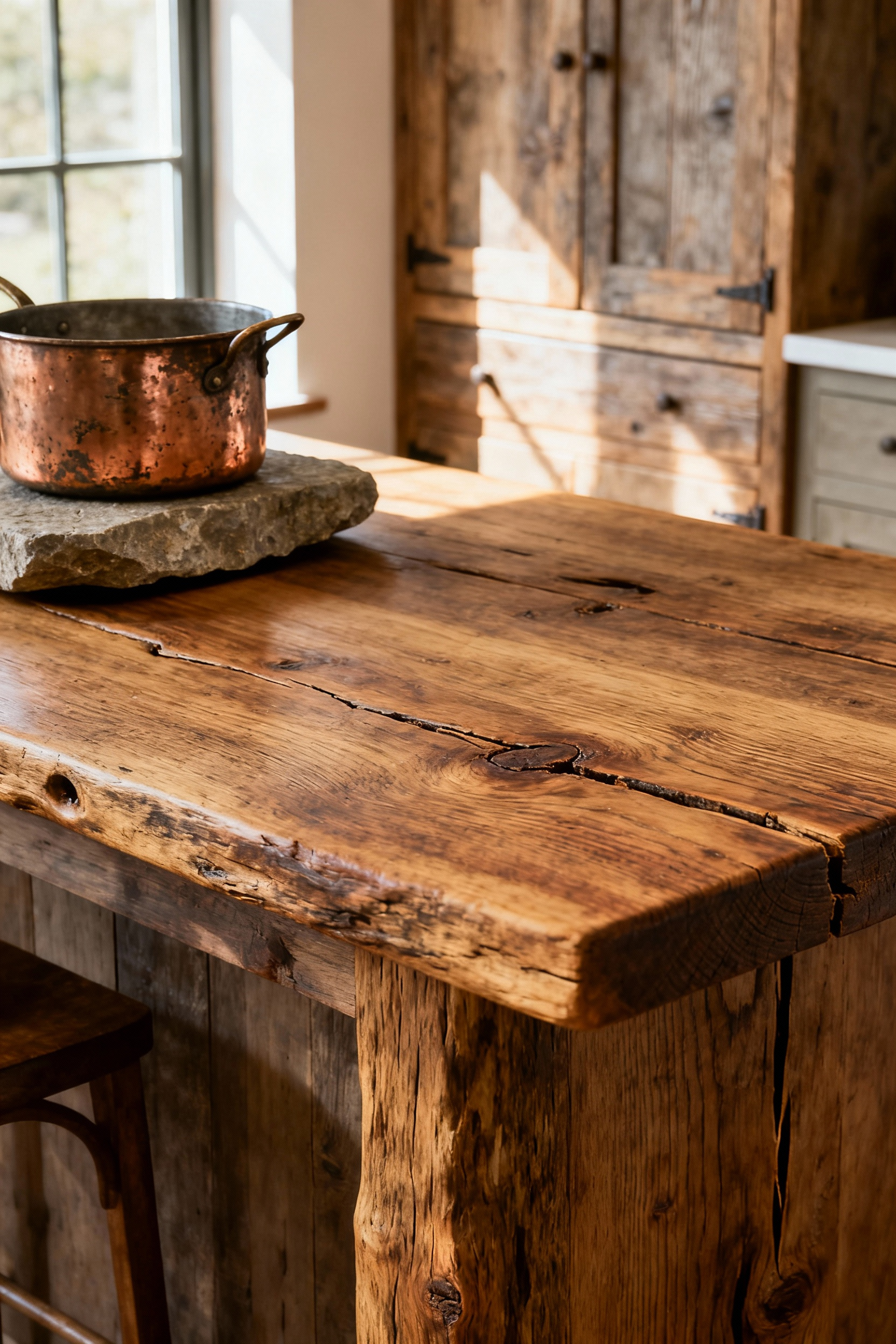 Close-up of a hand-hewn wooden kitchen island with a distressed copper pot and natural stone, emphasizing organic textures and imperfections in rustic kitchen decor.