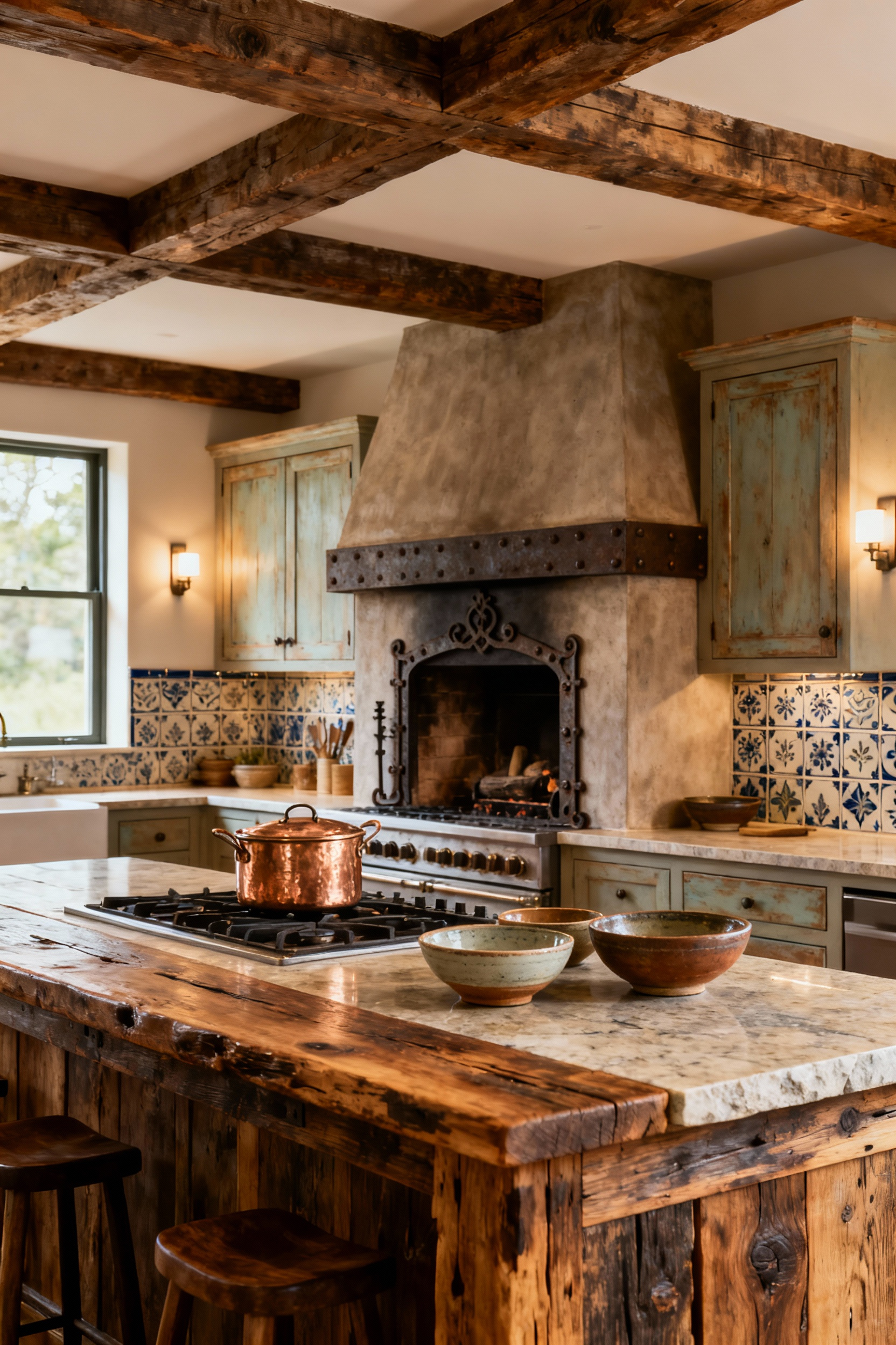 Rustic kitchen with large stone hearth, wooden beams, natural light, and artisanal decor, embodying a hearth-centric design philosophy.