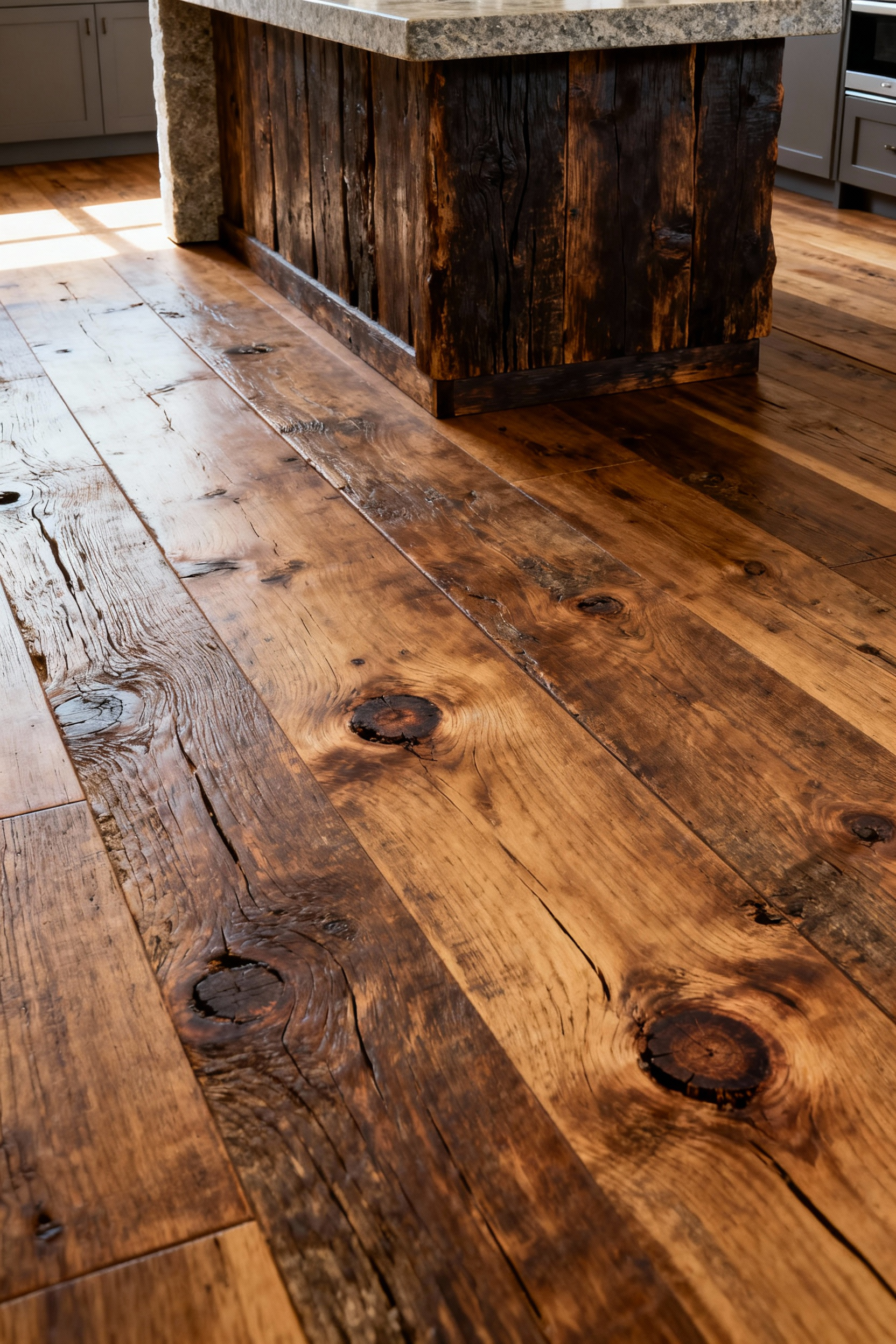 Portrait shot of sophisticated rustic kitchen flooring made from wide reclaimed oak planks, showing prominent knots and a natural patina under soft daylight, hinting at durability and rustic charm.