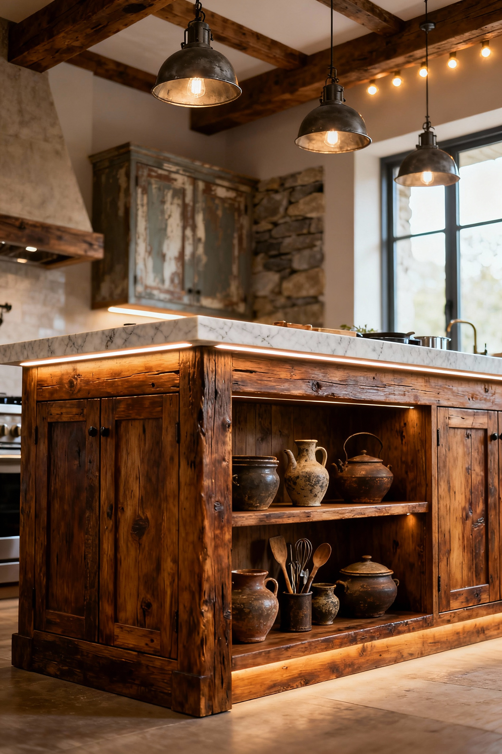 A grand, multi-functional rustic kitchen island made of reclaimed oak and honed marble, serving as the focal point in a sophisticated kitchen with artisanal pottery on display under warm pendant lighting.
