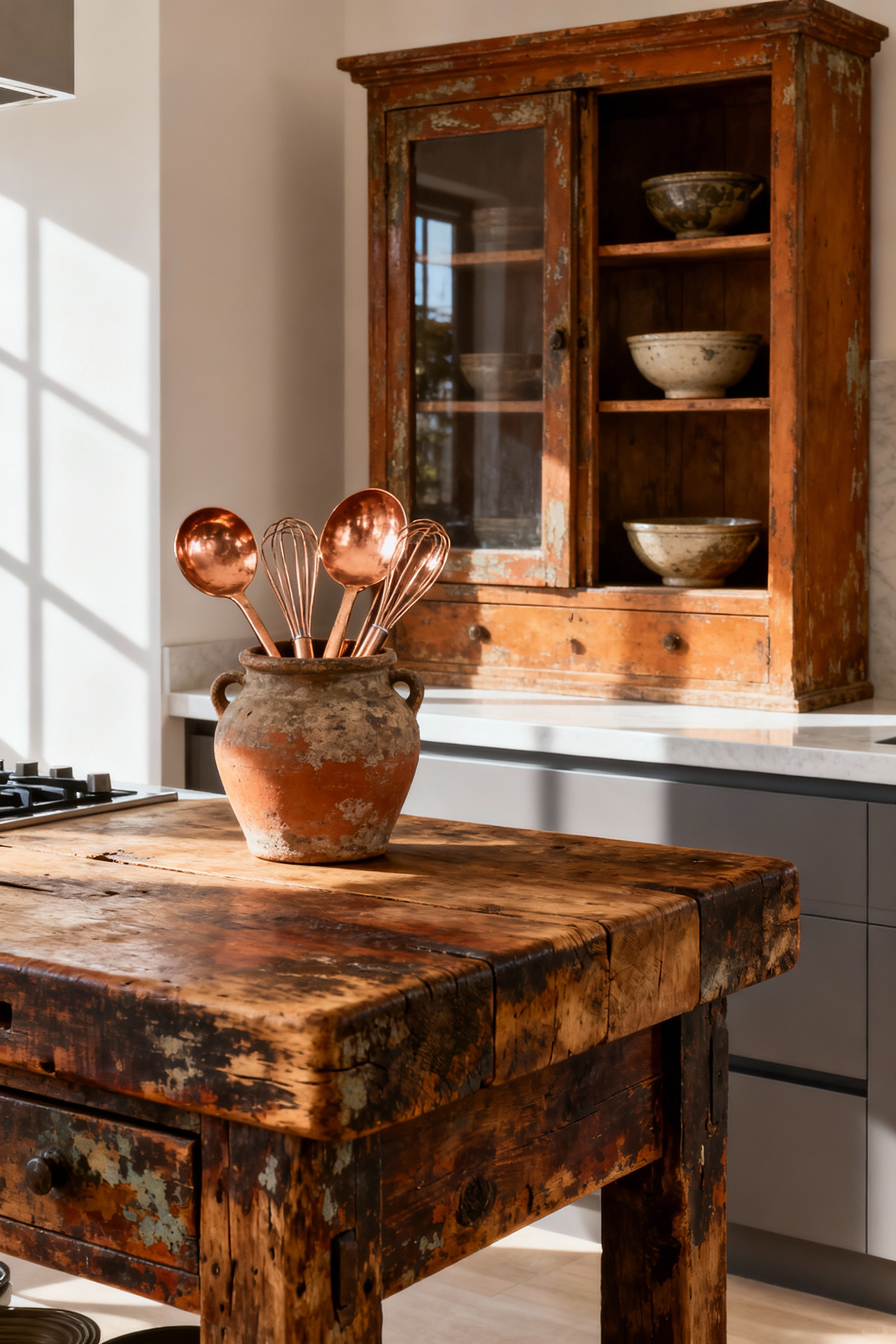 A rustic kitchen featuring a distressed antique butcher block, ancient terracotta pot, and heirloom ceramics displayed on open shelving, blending old and new elements seamlessly.