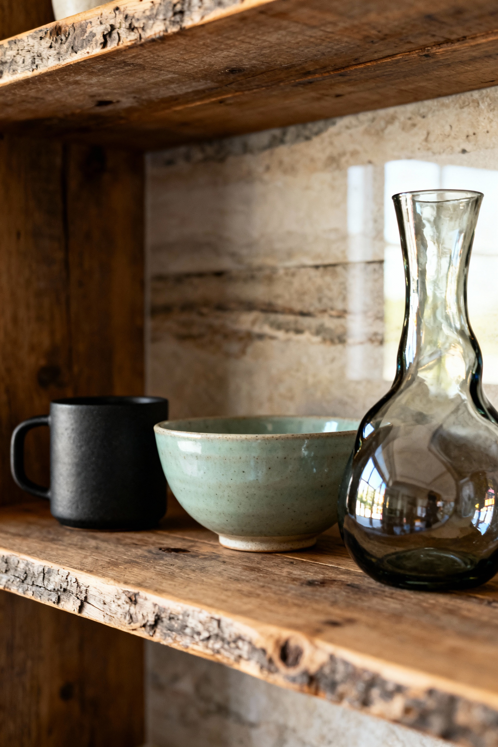 Close-up of artisan glazed pottery and hand-blown glassware displayed on open wooden shelves in a rustic kitchen, highlighting unique forms and textures.