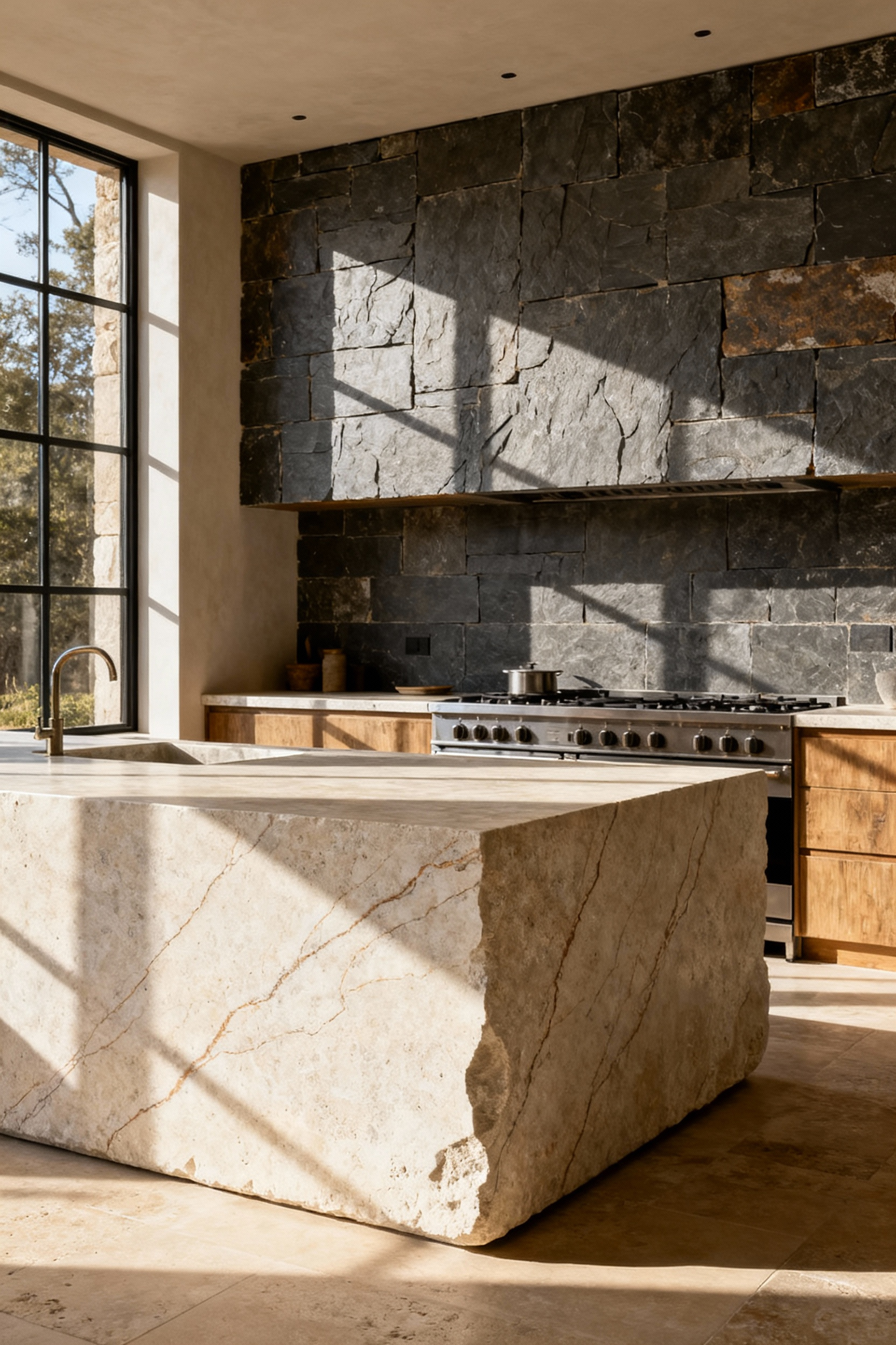Rustic kitchen featuring a large natural stone island, full-height stone backsplash, and an integrated stone fireplace surround, showcasing earthen grandeur and sophisticated design.