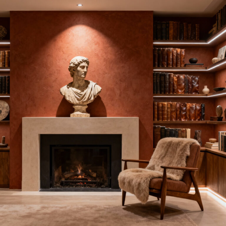 Elegant living room with a strong narrative design, showcasing curated objects, sophisticated layering, and ambient lighting, representing authored spatial design.